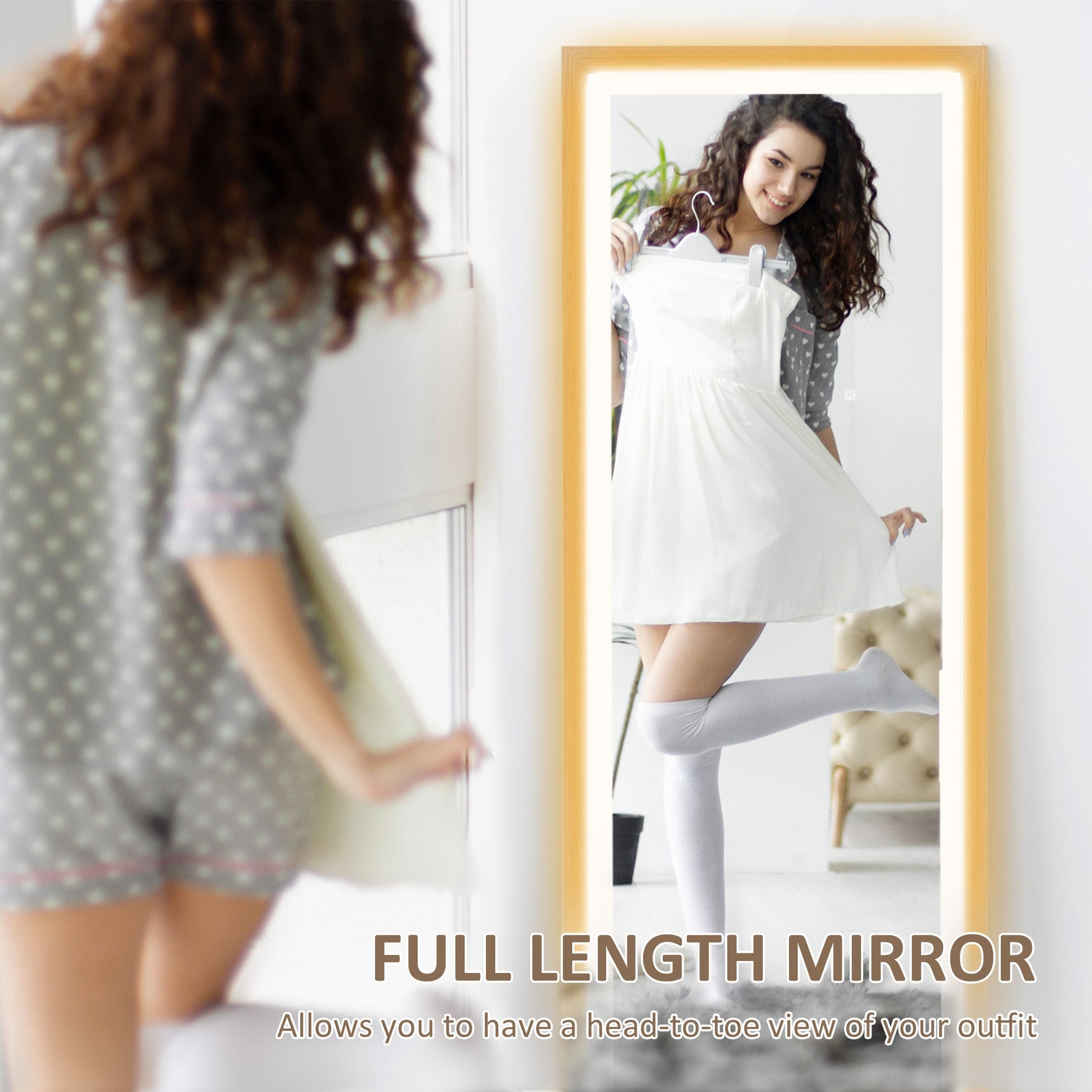 HOMCOM Full Length Mirror with LED Lights, 160 x 40cm Free Standing Mirror with Dimming and 3 Colour Lighting, Leaning or Wall Mirror with Frame for Living Room, Bedroom, Oak