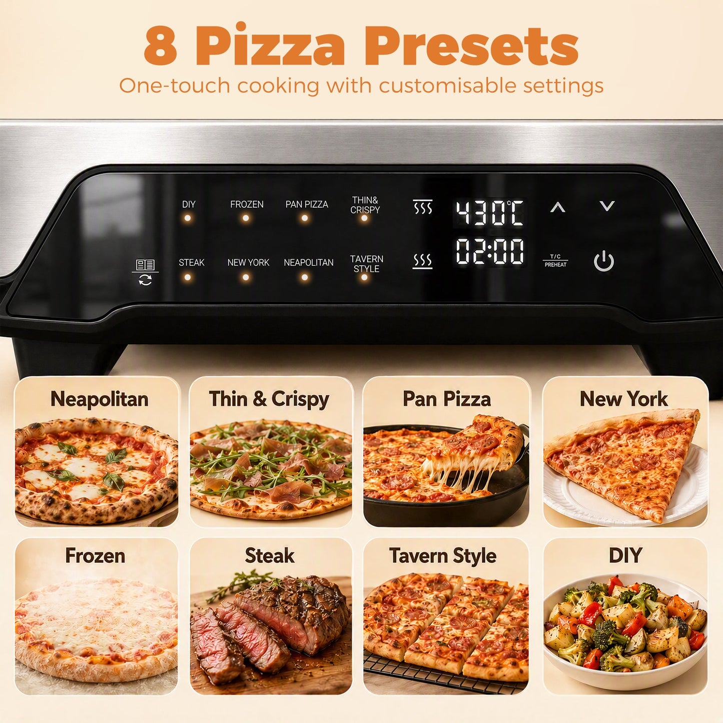 Pizza Oven Indoor, 12 Inch Electric Countertop Pizza Maker with 8 Preset Modes, 430°C, Timer, Ceramic Stone, LCD Touch Control, 2200W