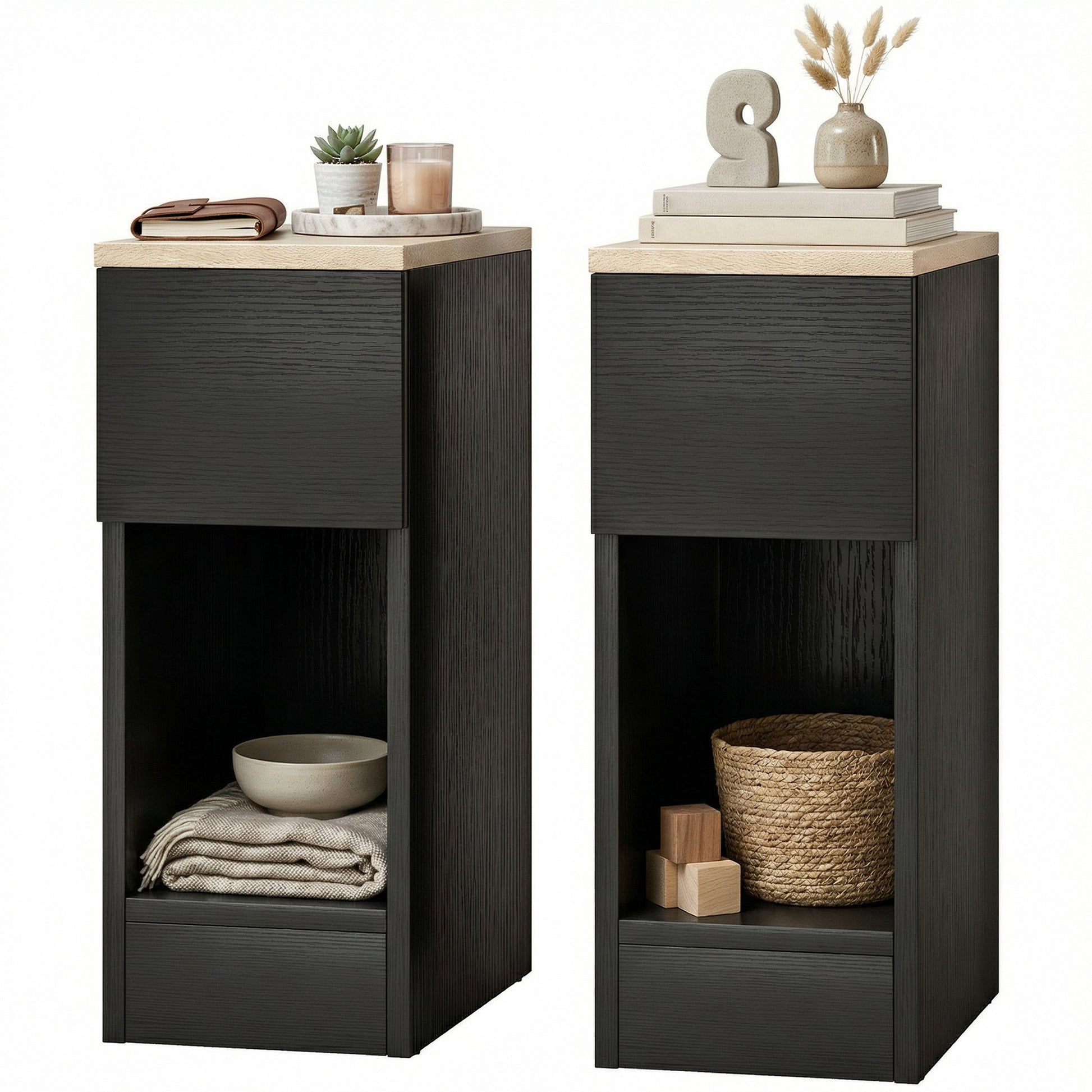 Bedside Tables Set of 2, Modern Side Tables with Drawer and Shelf, Nightstands for Bedroom, Living Room, Black