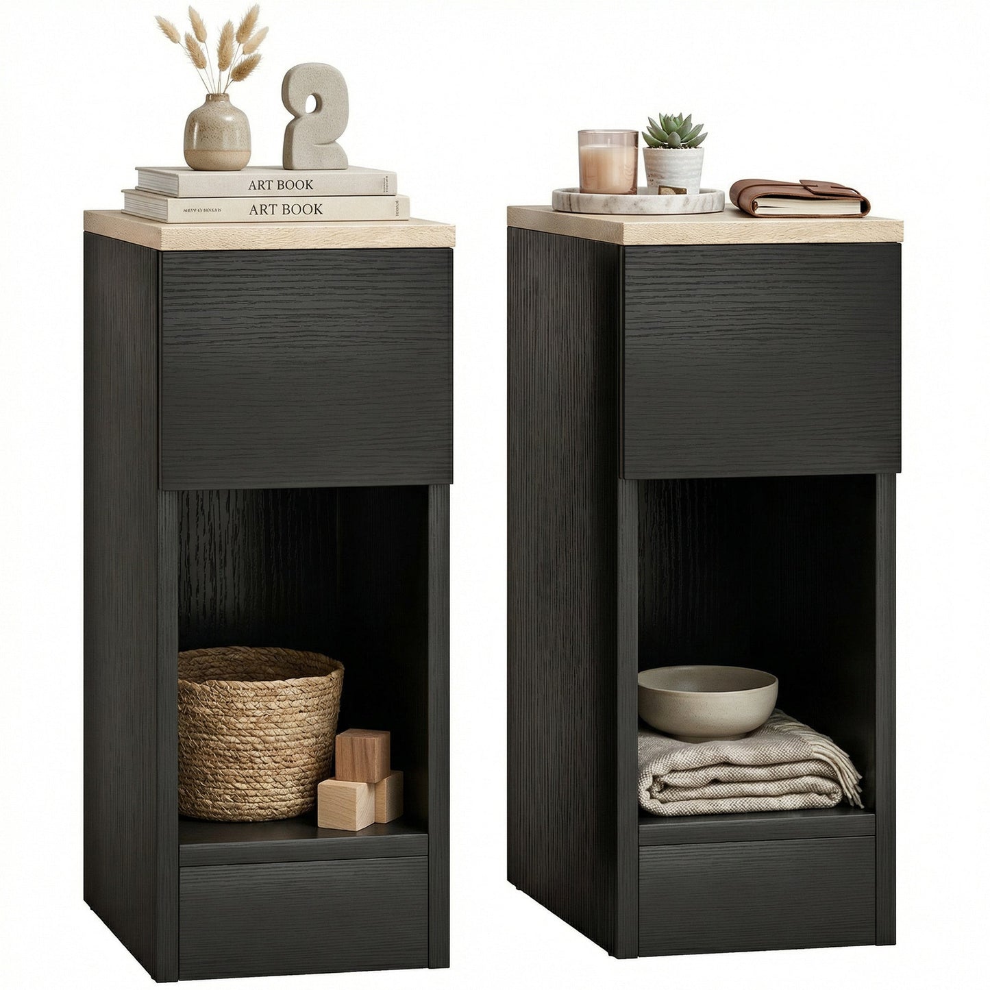 Bedside Tables Set of 2, Modern Side Tables with Drawer and Shelf, Nightstands for Bedroom, Living Room, Black