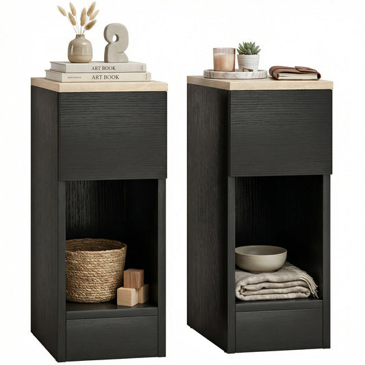 Bedside Tables Set of 2, Modern Side Tables with Drawer and Shelf, Nightstands for Bedroom, Living Room, Black
