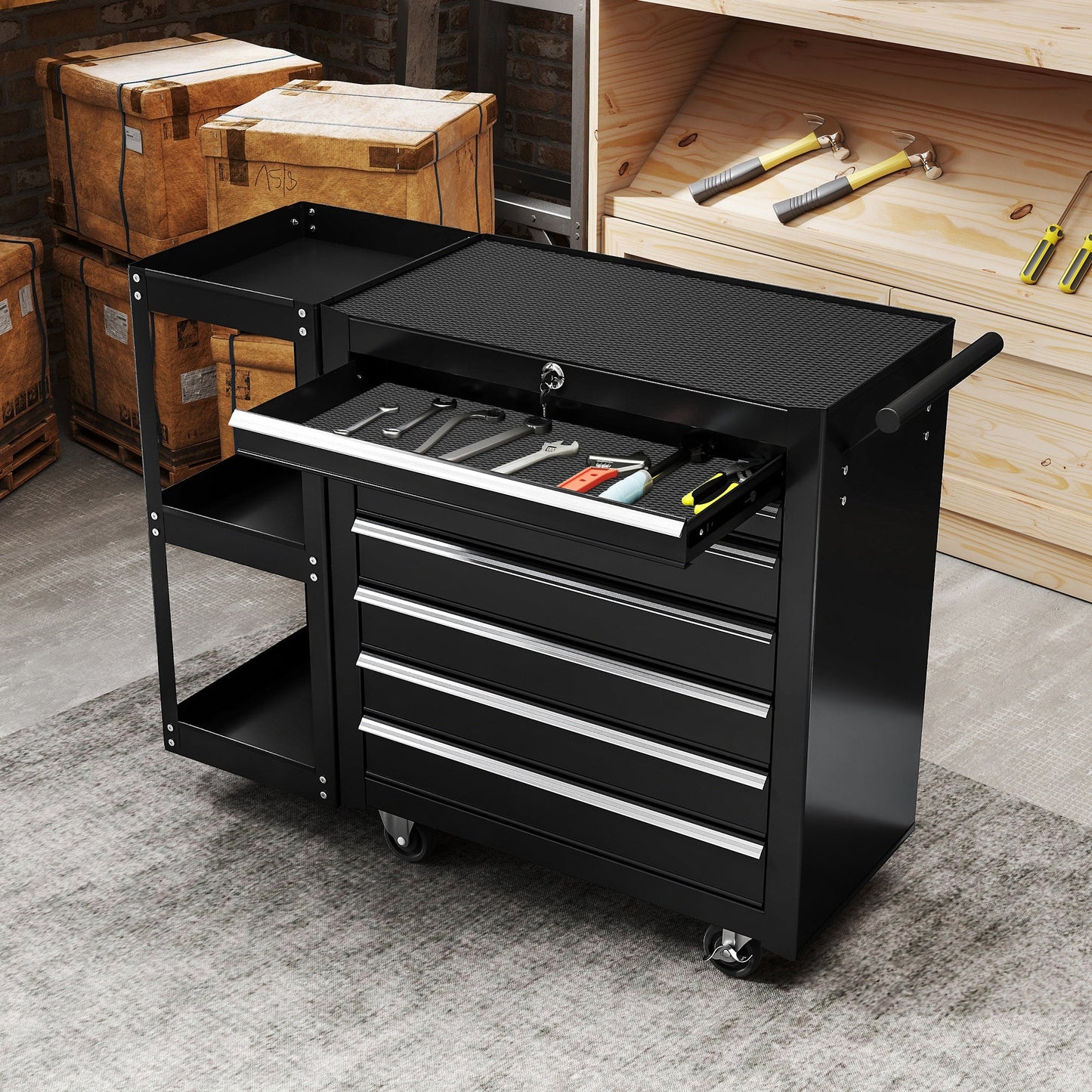 7 Drawer Tool Box, Lockable Steel Tool Chest on Wheels, Rolling Tool Cabinet with 7 Drawers and Handle for Workshop, Garage, Black