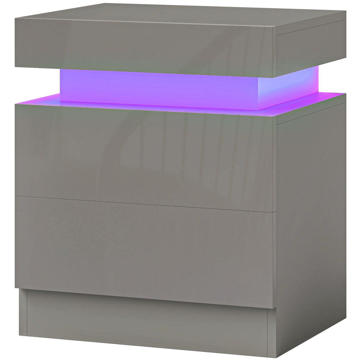 High Gloss Front Bedside Table, APP Control Nightstand with RGB LED Light and 2 Drawers, Chest of Drawers for Bedroom, Living Room, Grey