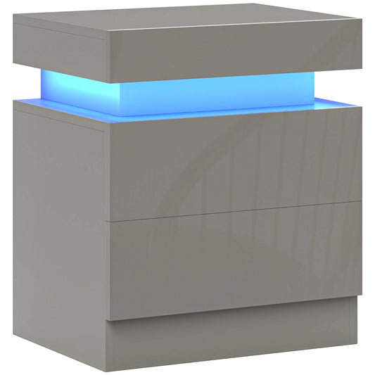 High Gloss Front Bedside Table, APP Control Nightstand with RGB LED Light and 2 Drawers, Chest of Drawers for Bedroom, Living Room, Grey