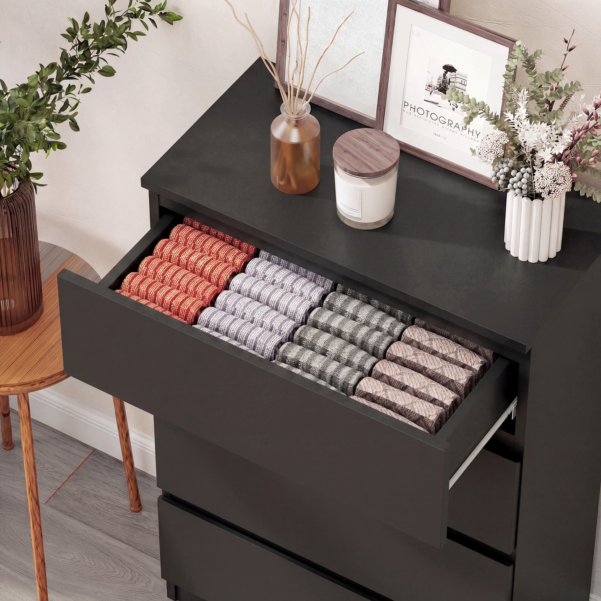 Chest of Drawers, 5 Drawers Storage Cabinet Floor Tower Cupboard for Bedroom Living Room, Black