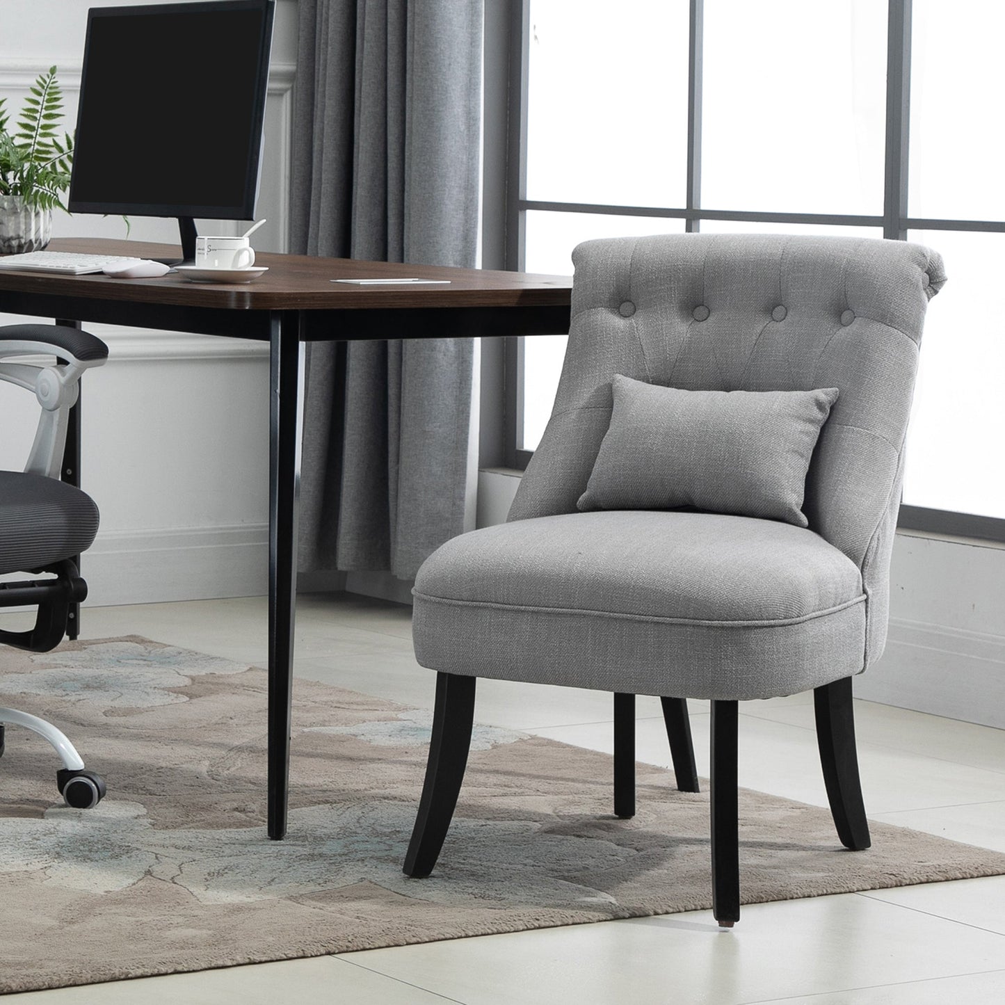 HOMCOM Fabric Single Sofa Dining Chair Tub Chair Upholstered W/ Pillow Solid Wood Leg Home Living Room Furniture Grey