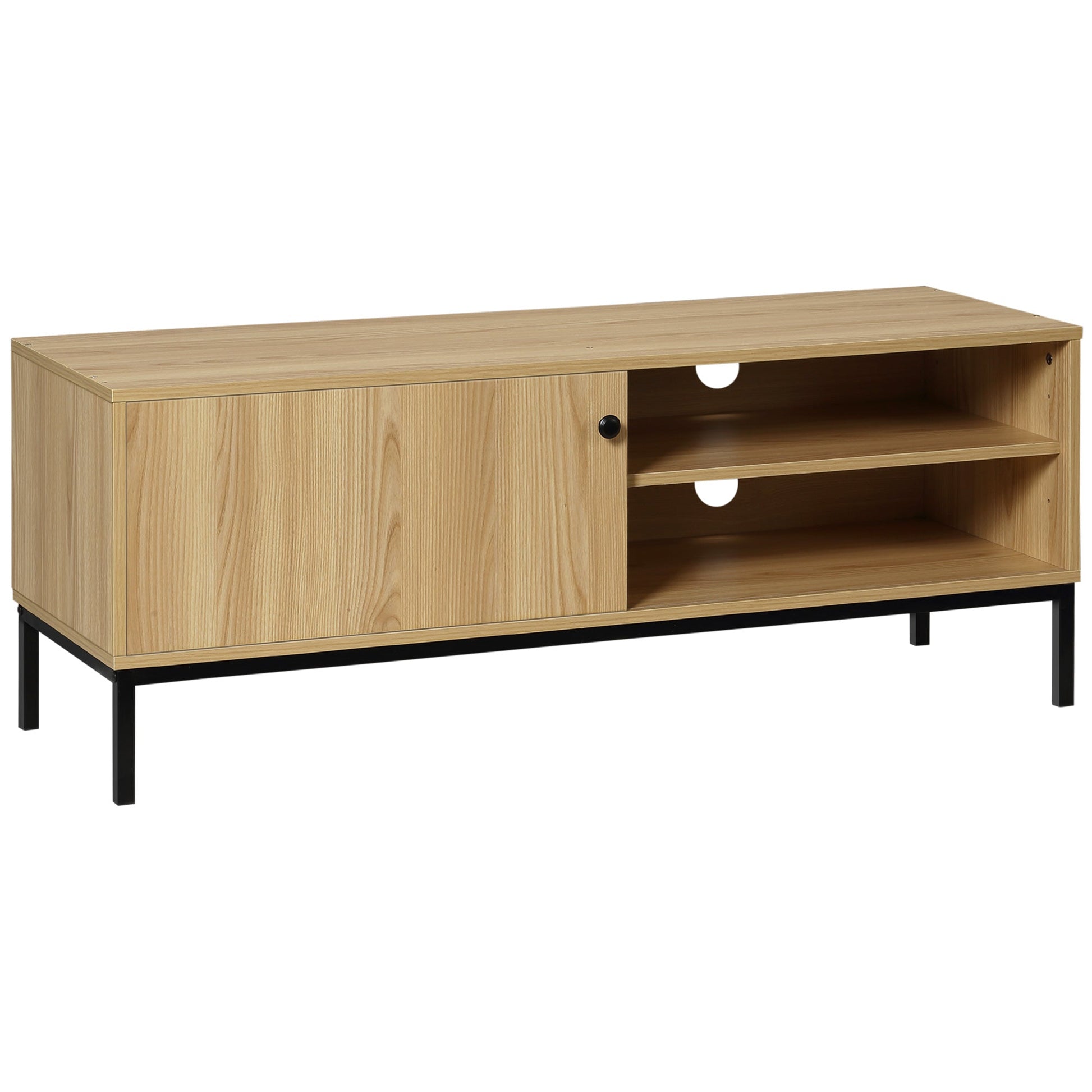 HOMCOM TV Stand Cabinet for TVs up to 50", TV Unit with 3 Compartments, Cable Management, TV Cabinet with Sliding Door for Living Room, Bedroom, Natural Wood Finish