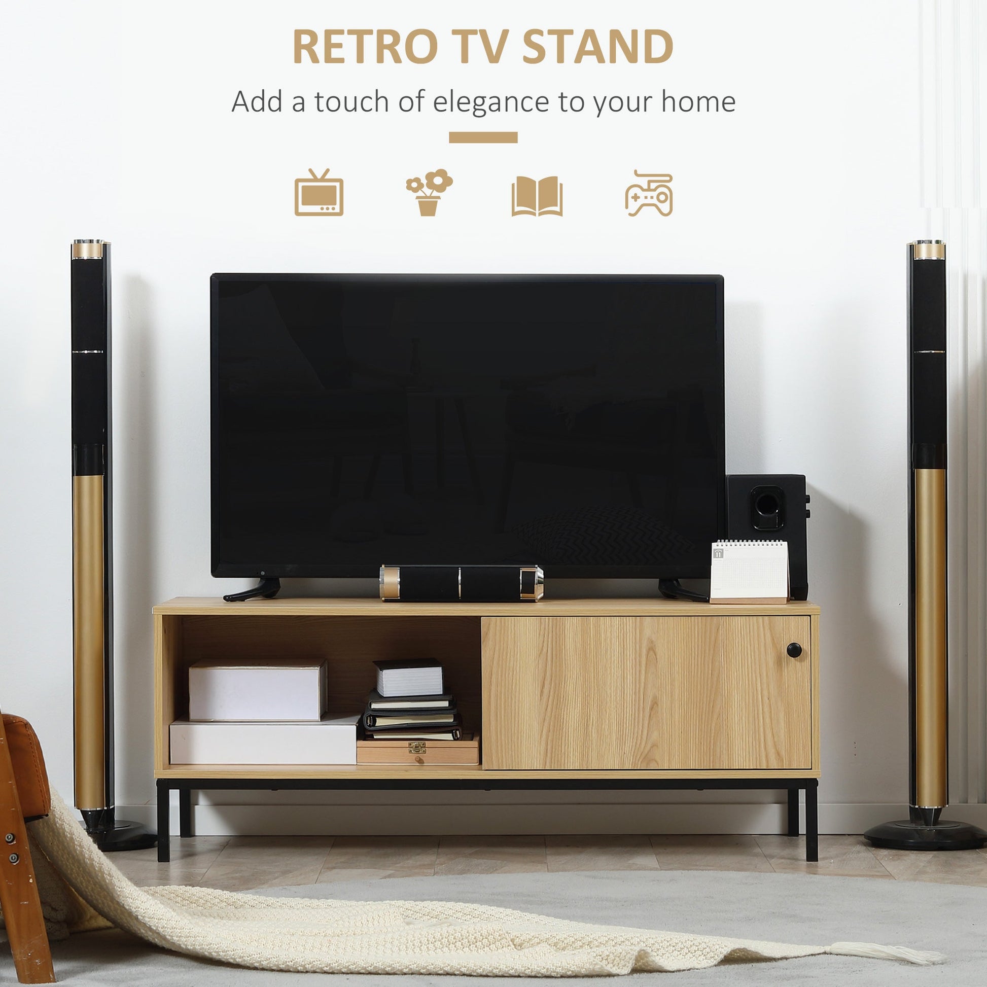 HOMCOM TV Stand Cabinet for TVs up to 50", TV Unit with 3 Compartments, Cable Management, TV Cabinet with Sliding Door for Living Room, Bedroom, Natural Wood Finish