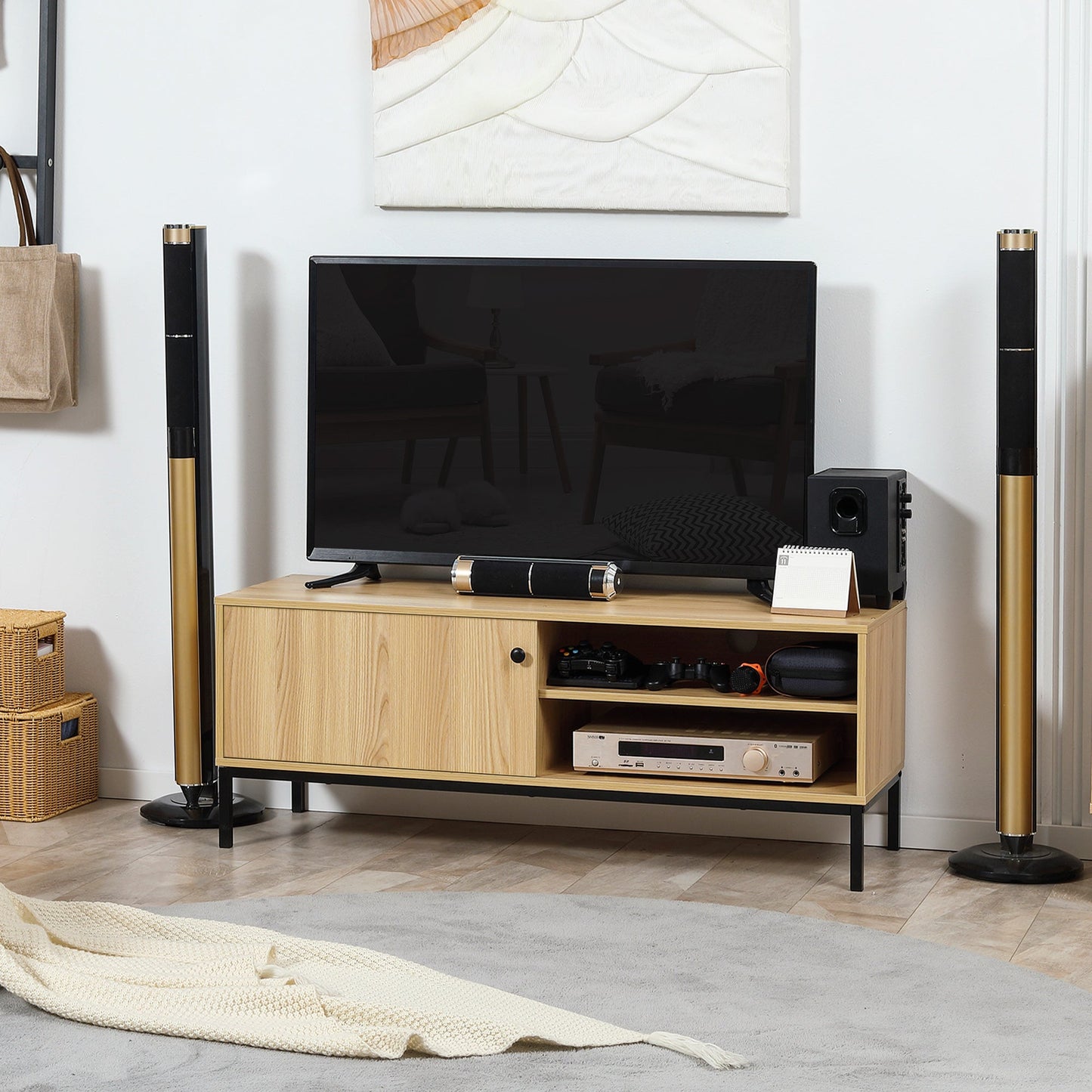 HOMCOM TV Stand Cabinet for TVs up to 50", TV Unit with 3 Compartments, Cable Management, TV Cabinet with Sliding Door for Living Room, Bedroom, Natural Wood Finish