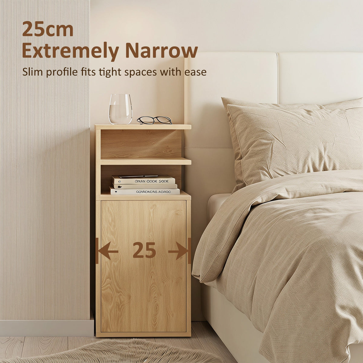 Slim Bedside Table Set of 2, Narrow Bedside Cabinet with Open Cubbies and Cupboard, Side End Table for Bedroom Living Room Compact Nooks, 30 x 25 x 60 cm, Oak