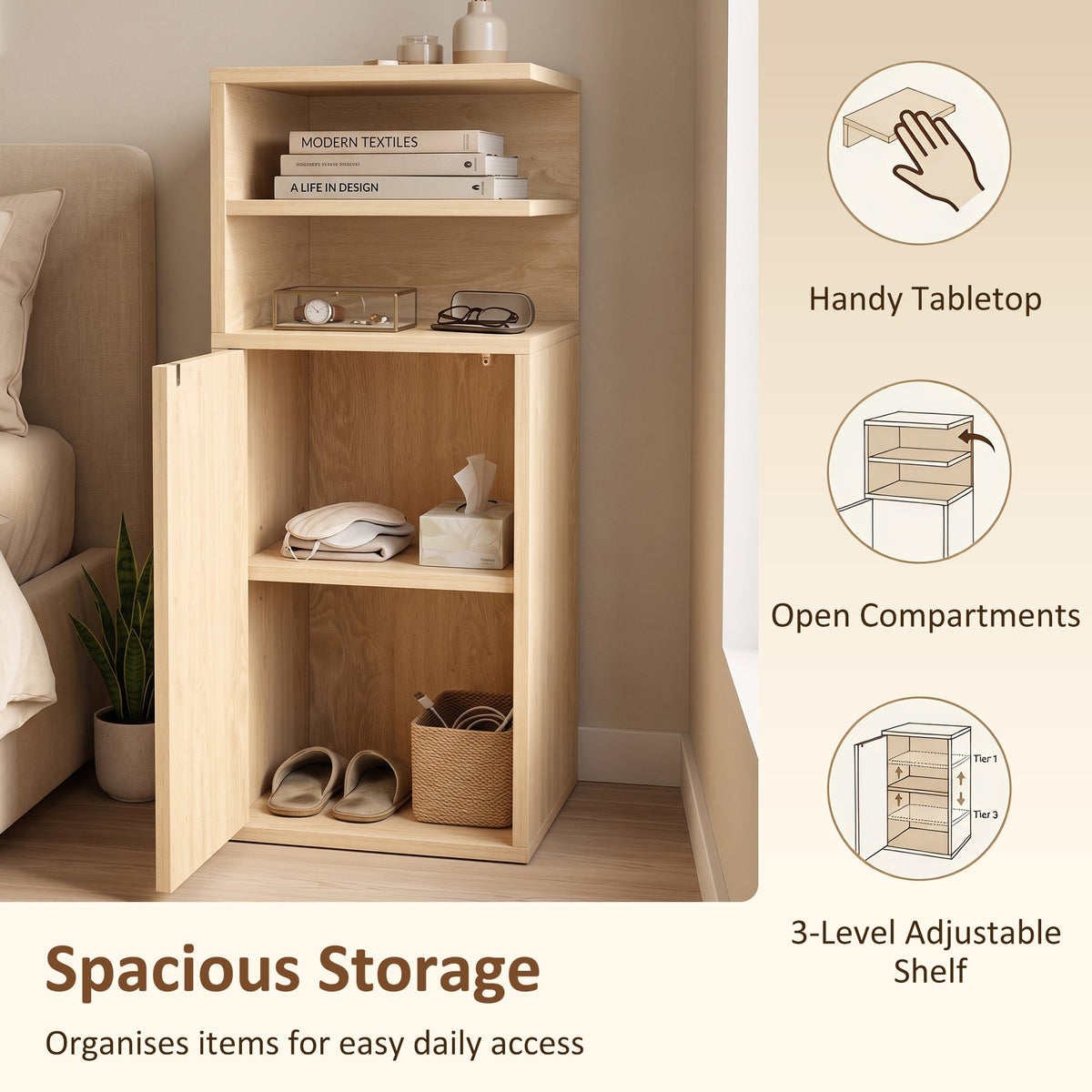Slim Bedside Table Set of 2, Narrow Bedside Cabinet with Open Cubbies and Cupboard, Side End Table for Bedroom Living Room Compact Nooks, 30 x 25 x 60 cm, Oak