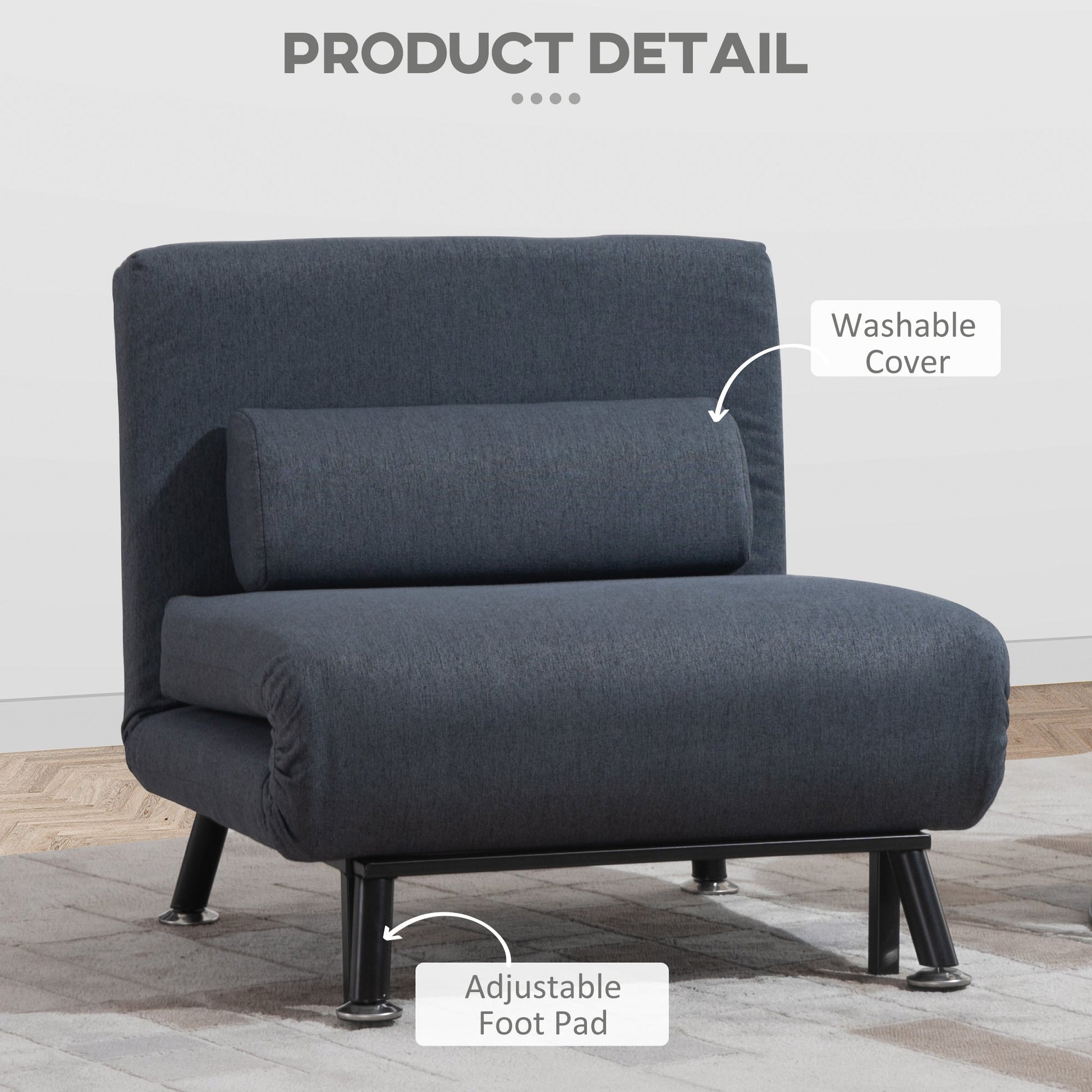 HOMCOM Linen Single Chair Bed, 3-in-1 Convertible Sleeper Chair with Adjustable Backrest, Pillow, for Living Room, Bedroom, Black