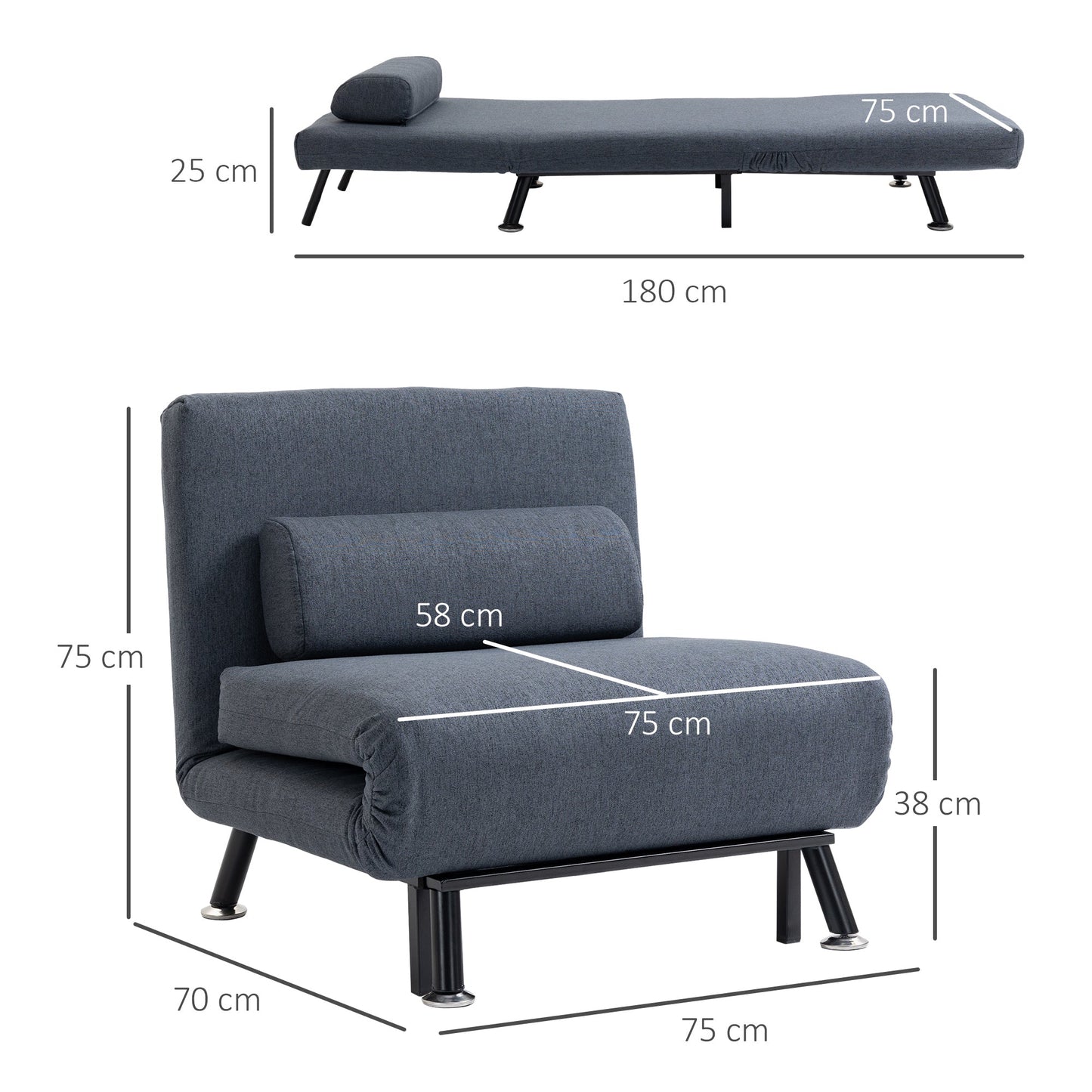 HOMCOM Linen Single Chair Bed, 3-in-1 Convertible Sleeper Chair with Adjustable Backrest, Pillow, for Living Room, Bedroom, Black