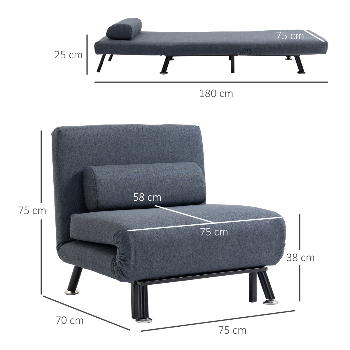 HOMCOM Linen Single Chair Bed, 3-in-1 Convertible Sleeper Chair with Adjustable Backrest, Pillow, for Living Room, Bedroom, Black