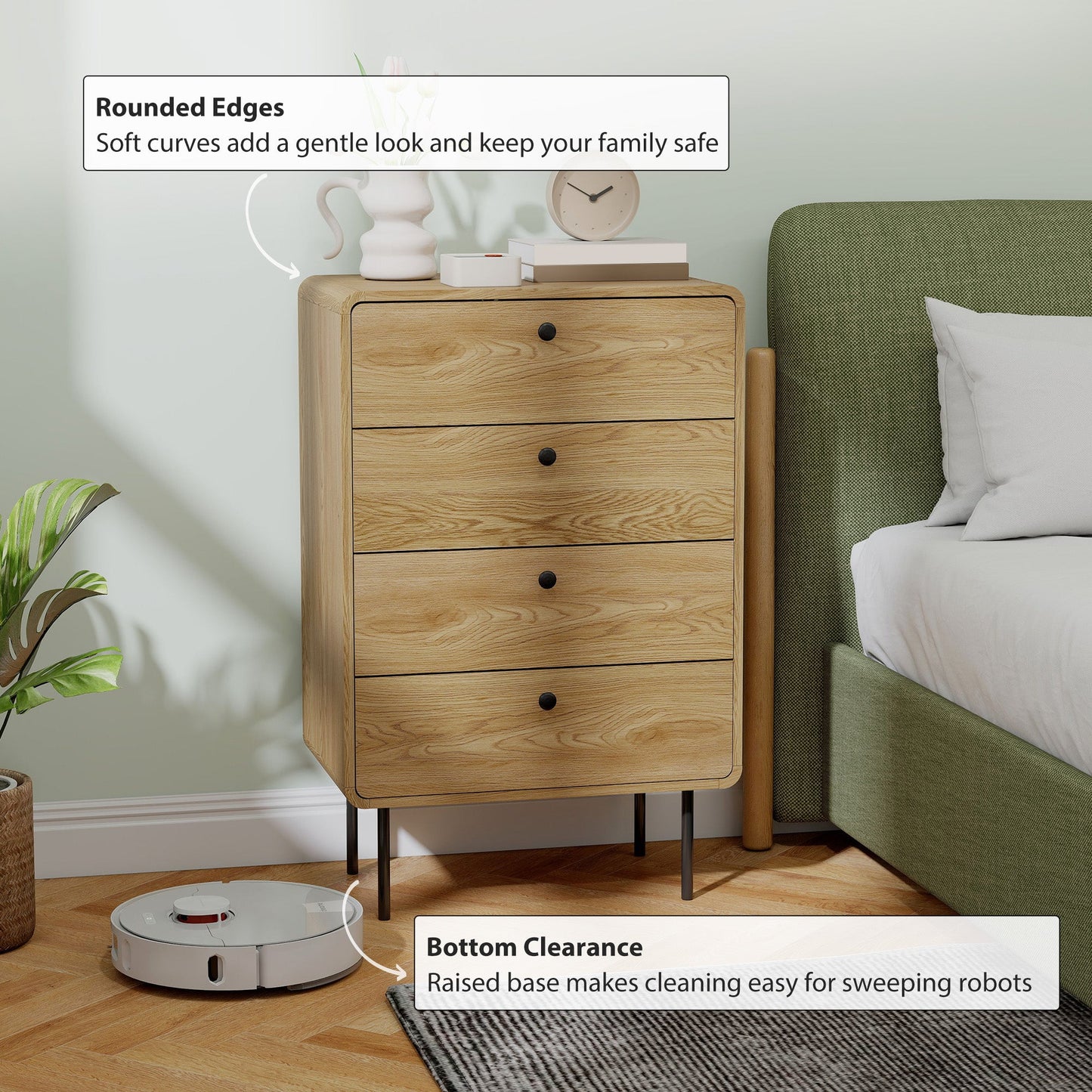 Modern Chest of Drawers with 4 Drawers, Dresser with Wood Handles and Steel Legs for Bedroom, Living Room, Entryway, Oak
