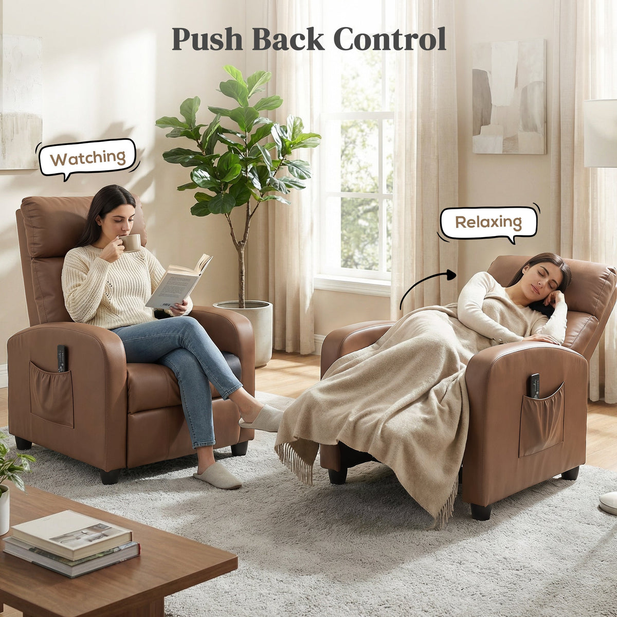 Recliner Armchair, Massage Faux Leather Push Back Reclining Chair with Adjustable Leg Rest, Side Pocket, for Home Living Room Theatre, Dark Brown