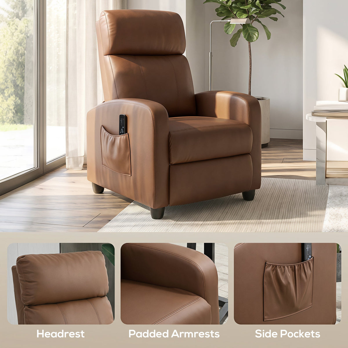 Recliner Armchair, Massage Faux Leather Push Back Reclining Chair with Adjustable Leg Rest, Side Pocket, for Home Living Room Theatre, Dark Brown