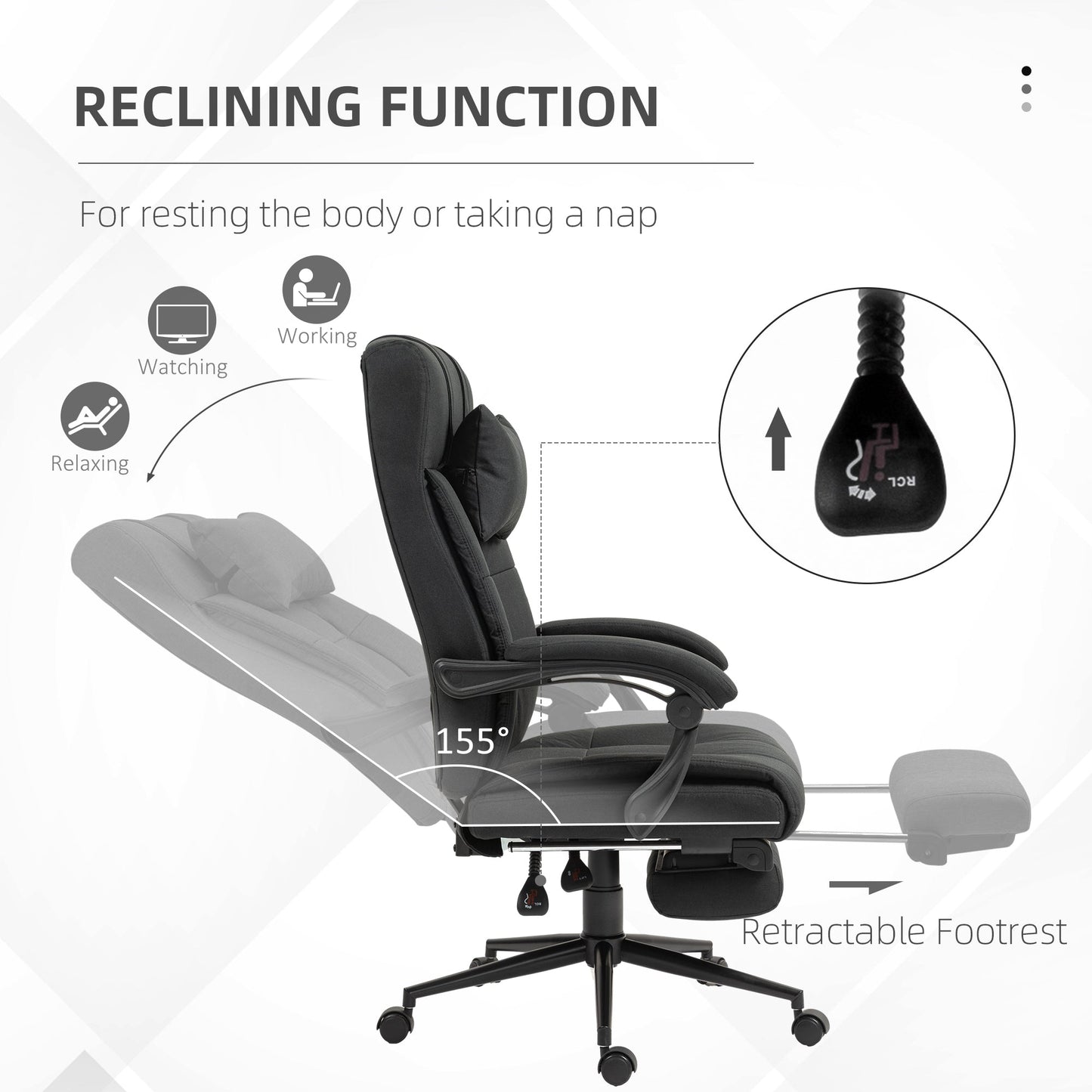 Vinsetto Office Chair Ergonomic Desk Chair, Computer Chair with Footrest & Head Pillow, 360° Swivel Recliner Chair for Home Office, Black