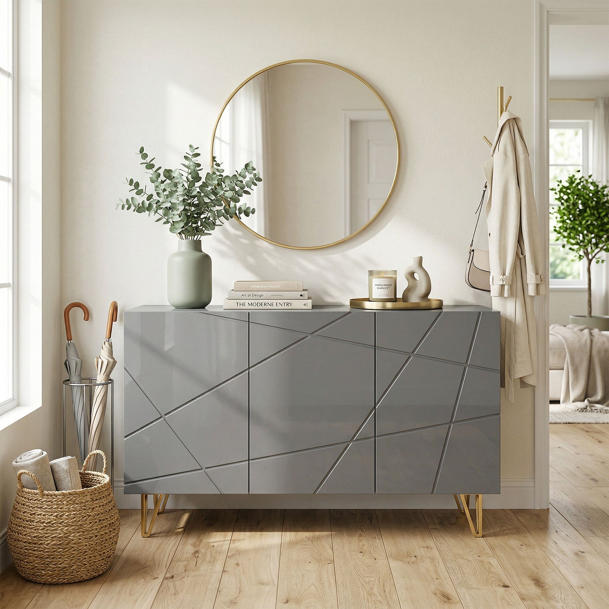 Storage Cabinet with High Gloss, Freestanding Sideboard with Adjustable Shelves, Soft-Close Doors and Gold Tone Hairpin Legs for Living Room, Dining Room, Hallway, Grey