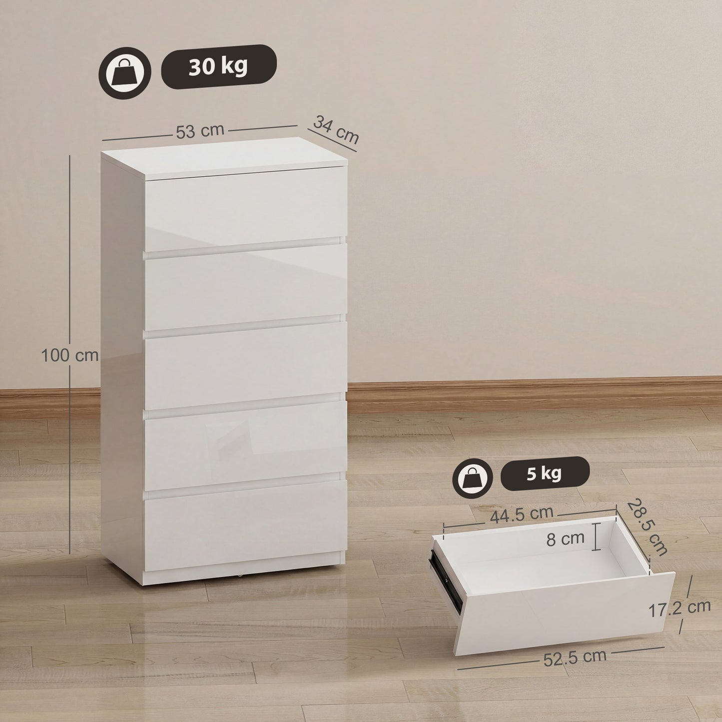 Chest of Drawers, 5 Drawers Storage Cabinet Floor Tower Cupboard for Bedroom Living Room, High Gloss White