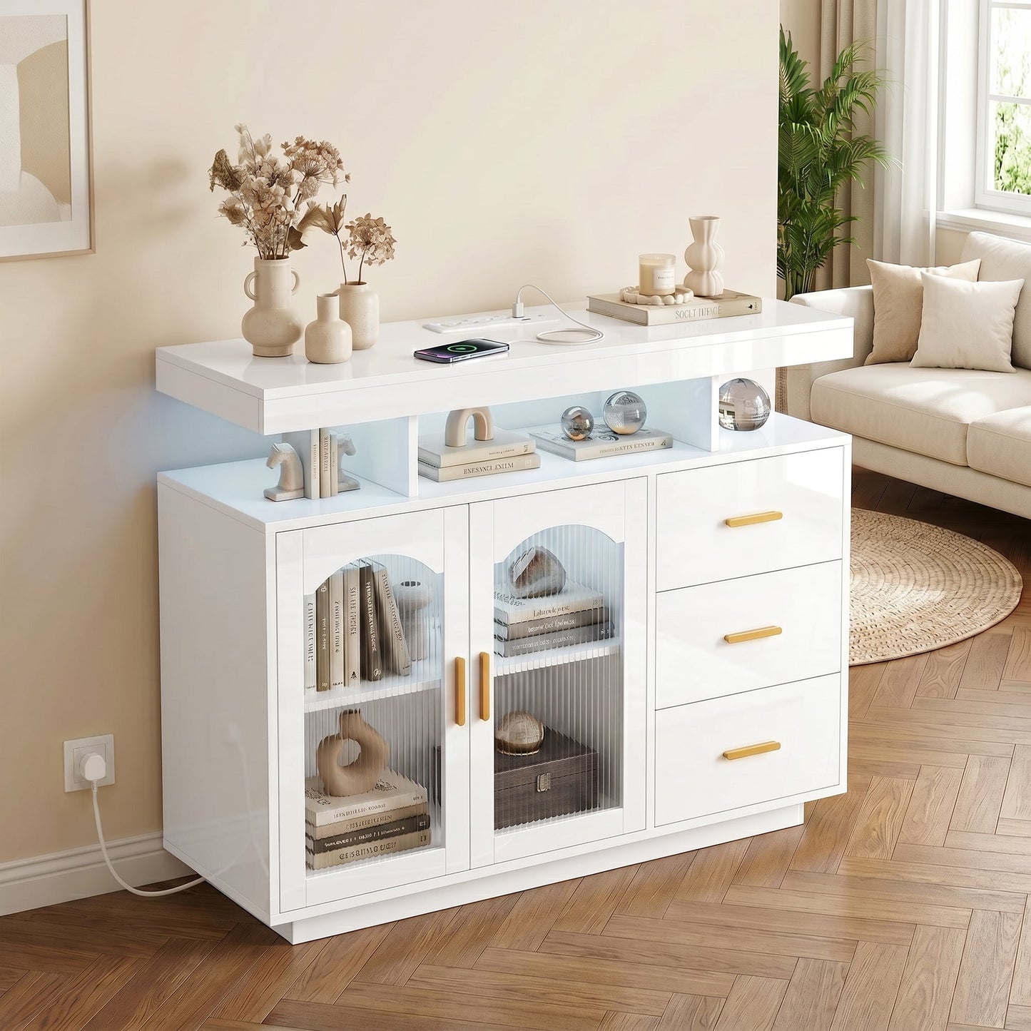 High Gloss Sideboard with LED Lights, Built-in Power Outlets, Modern Storage Cabinet with 3 Drawers, Shelves and 2 Acrylic Doors, Soft-Close TV Stand Unit for 72-Inch TVs, Living Room, White