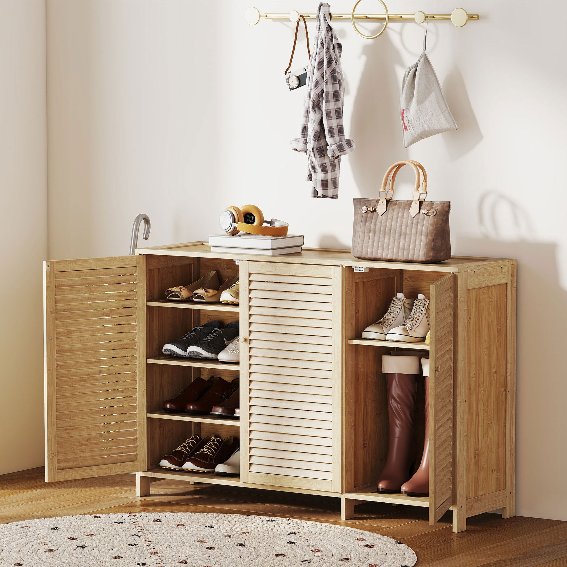 Bamboo Shoe Cabinet with Louvered Doors, Shoe Storage Cabinet with Adjustable Shelves, 18 Pairs Footwear Cupboard for Hallway, Entryway, 120 x 35 x 80 cm, Natural Wood Finish
