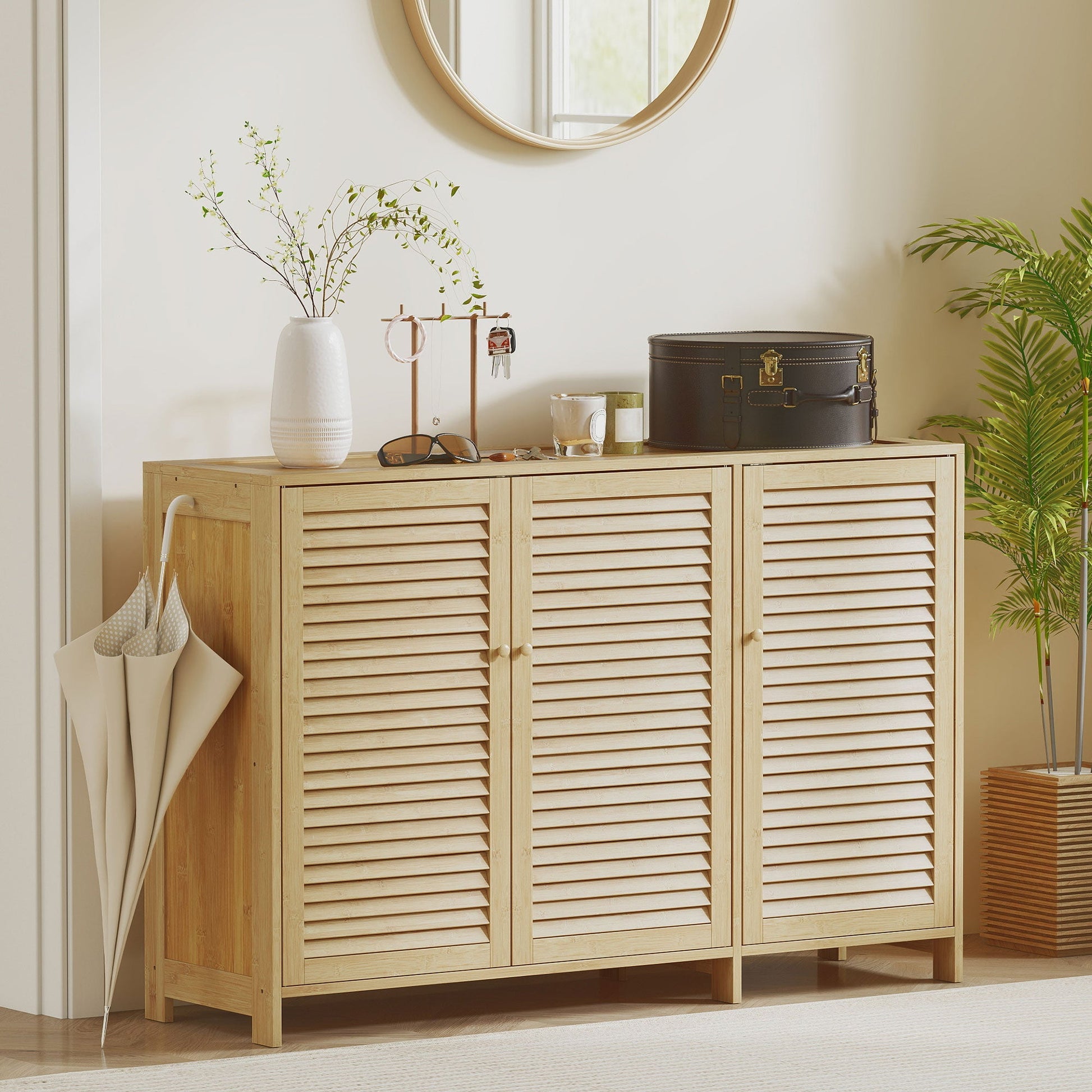 Bamboo Shoe Cabinet with Louvered Doors, Shoe Storage Cabinet with Adjustable Shelves, 18 Pairs Footwear Cupboard for Hallway, Entryway, 120 x 35 x 80 cm, Natural Wood Finish