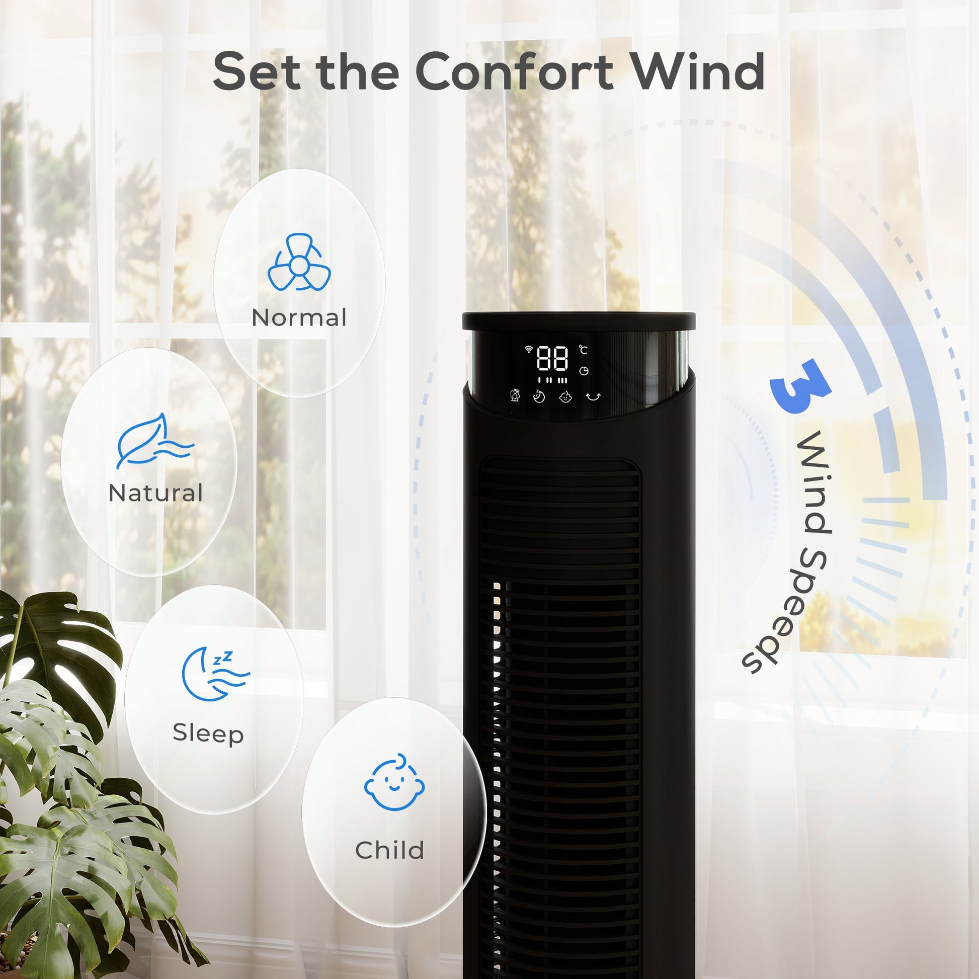 116 cm Tower Fan for Cooling, Standing Floor Fan with WiFi Control, 65° Oscillating, 12 Hour Timer, LED Display and Remote Control for Bedroom, Office, Black