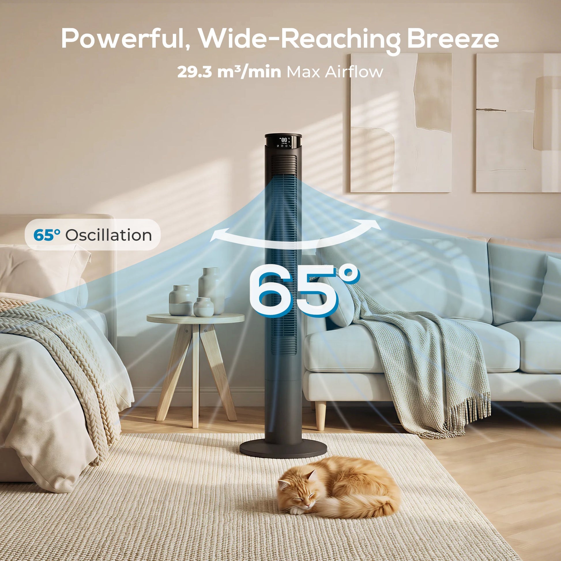 116 cm Tower Fan for Cooling, Standing Floor Fan with WiFi Control, 65° Oscillating, 12 Hour Timer, LED Display and Remote Control for Bedroom, Office, Black