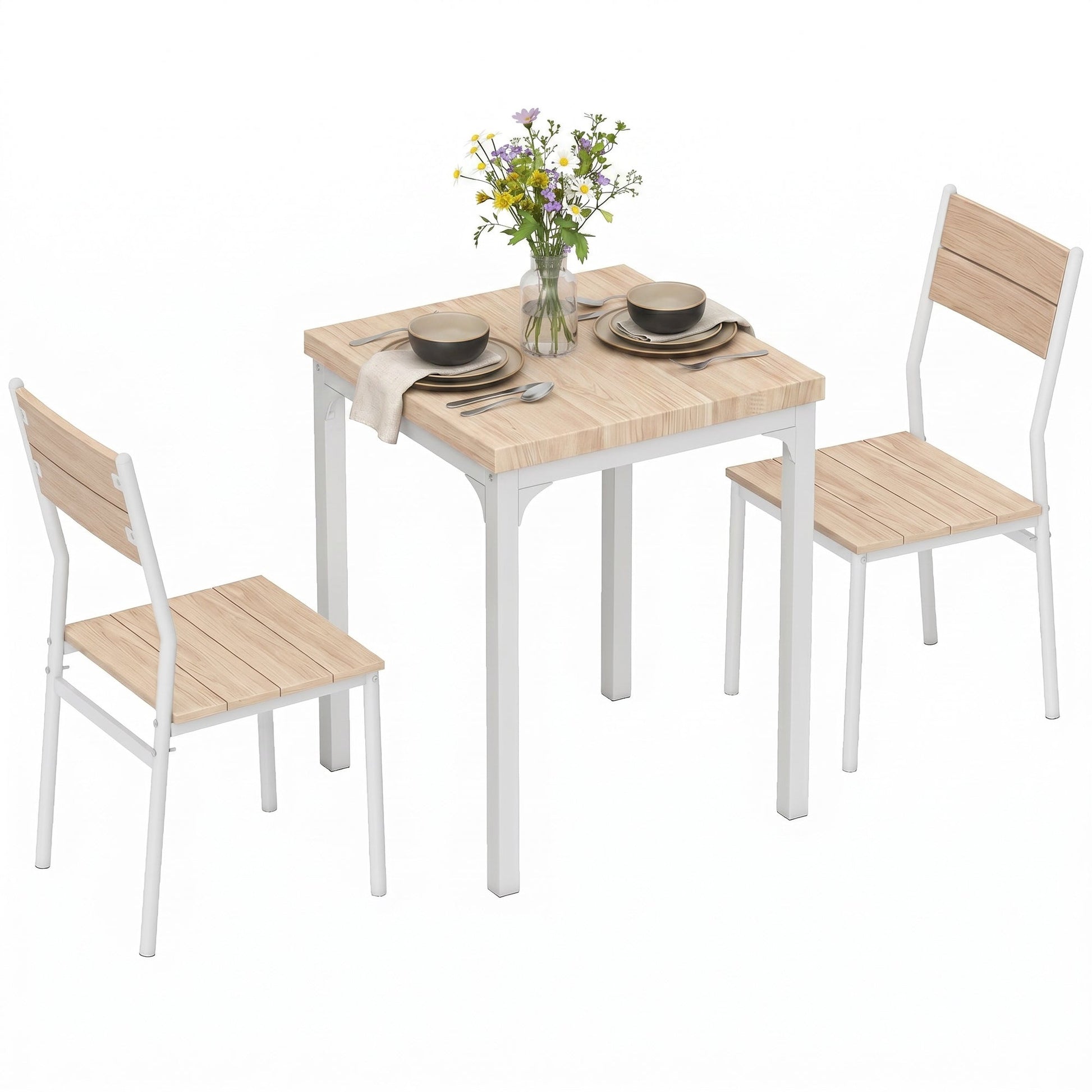 3 Pieces Modern Dining Table Set, Kitchen Table and Chairs for 2, Space Saving Design, Breakfast Nook Table Set with Steel Legs for Kitchen, Small Space, Oak Wood Effect