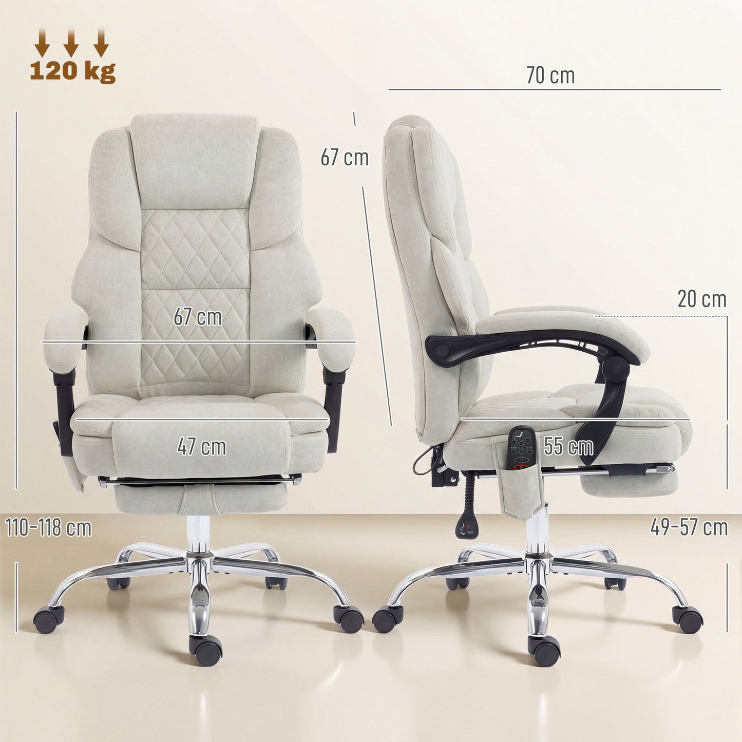 Office Chair with 6-point Vibration Massage and Heat, Velvet-feel Fabric Desk Chair with Footrest, Linkage Armrests, High Back, Adjustable Height, 135° Reclining for Home Office, Cream White