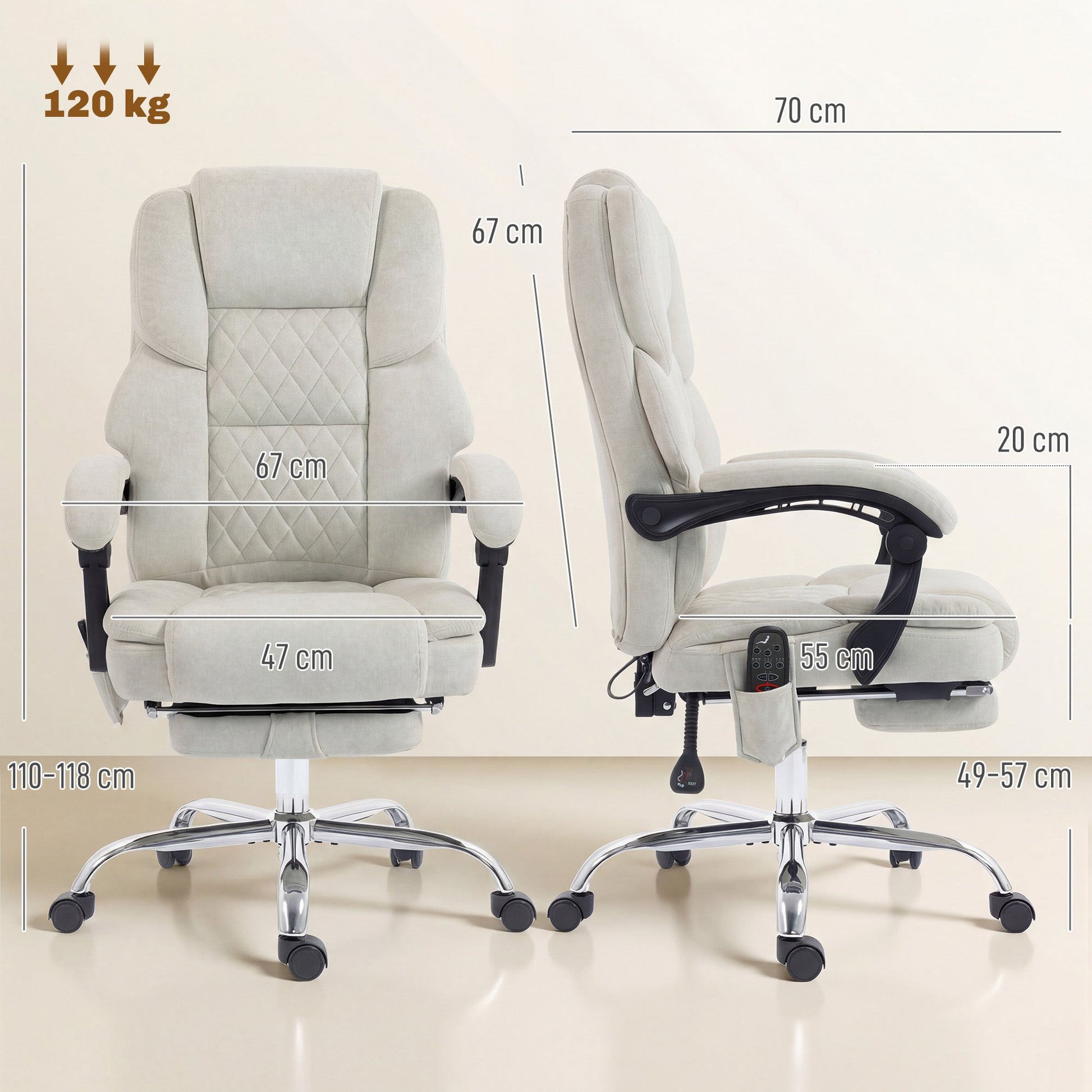 Office Chair with 6-point Vibration Massage and Heat, Velvet-feel Fabric Desk Chair with Footrest, Linkage Armrests, High Back, Adjustable Height, 135° Reclining for Home Office, Cream White