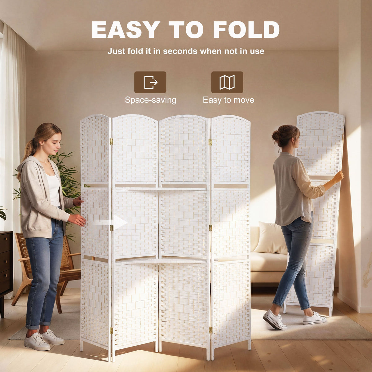 4 Panel Folding Room Divider, Freestanding Privacy Screen for Living Room, Bedroom and Office, 160 x 170cm, White