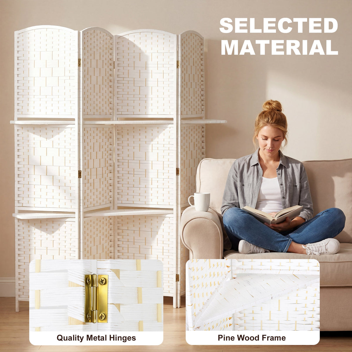 4 Panel Folding Room Divider, Freestanding Privacy Screen for Living Room, Bedroom and Office, 160 x 170cm, White