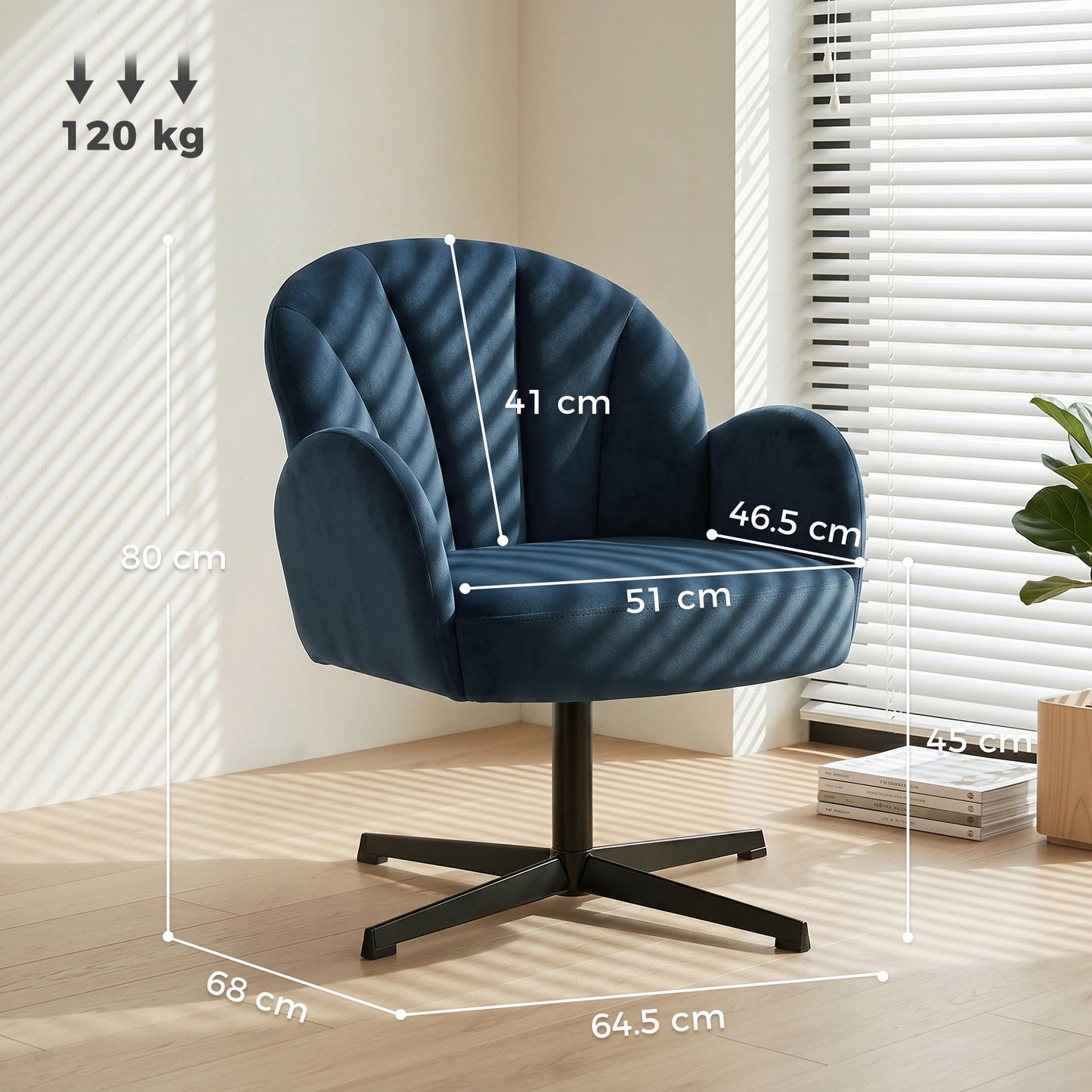 Swivel Accent Chair, Velvet-Feel Fabric Shell-Shaped Armchair with Spring Cushion, Metal Base, Modern Reading Chair for Living Room, Bedroom, Study, Makeup, Dark Blue