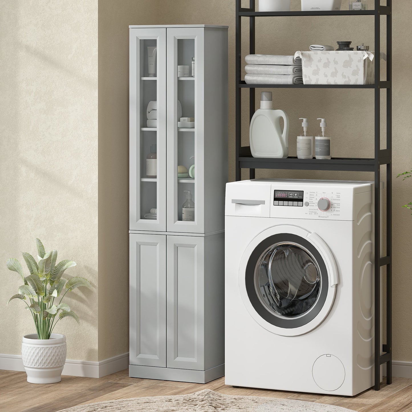 Tall Bathroom Storage Cabinet, 6-Tier Slim Freestanding Bathroom Cabinet with Adjustable Shelf, 4 Soft-Close Doors, Storage Unit for Small Space, 38 x 26 x 160 cm, Dusty Blue