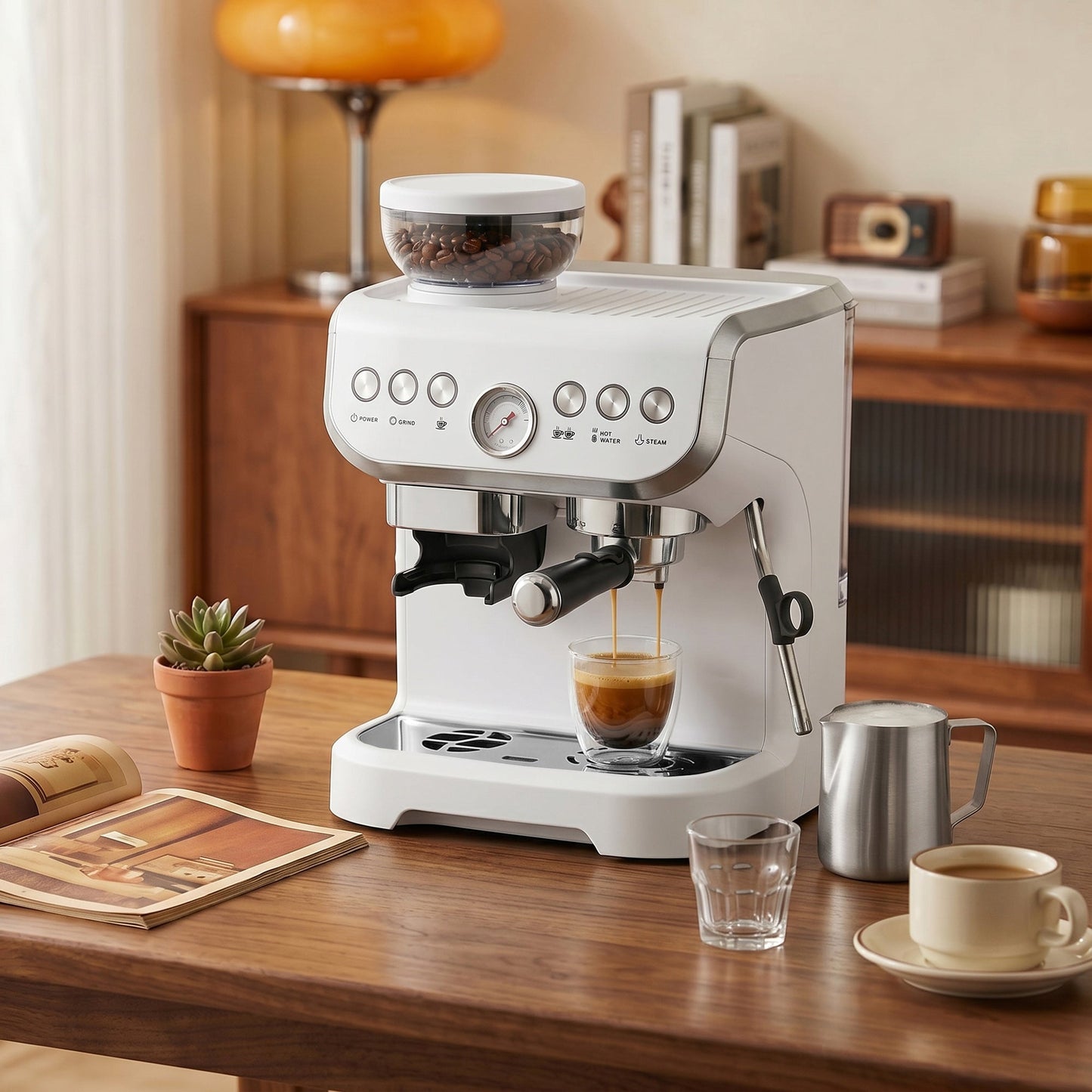 Espresso Machine with Integrated Bean Grinder & Steam Wand, Bean to Cup Coffee Machine with 15 Bar Italian Pump, 2L Water Tank, Cappuccino Maker, Stainless Steel, White