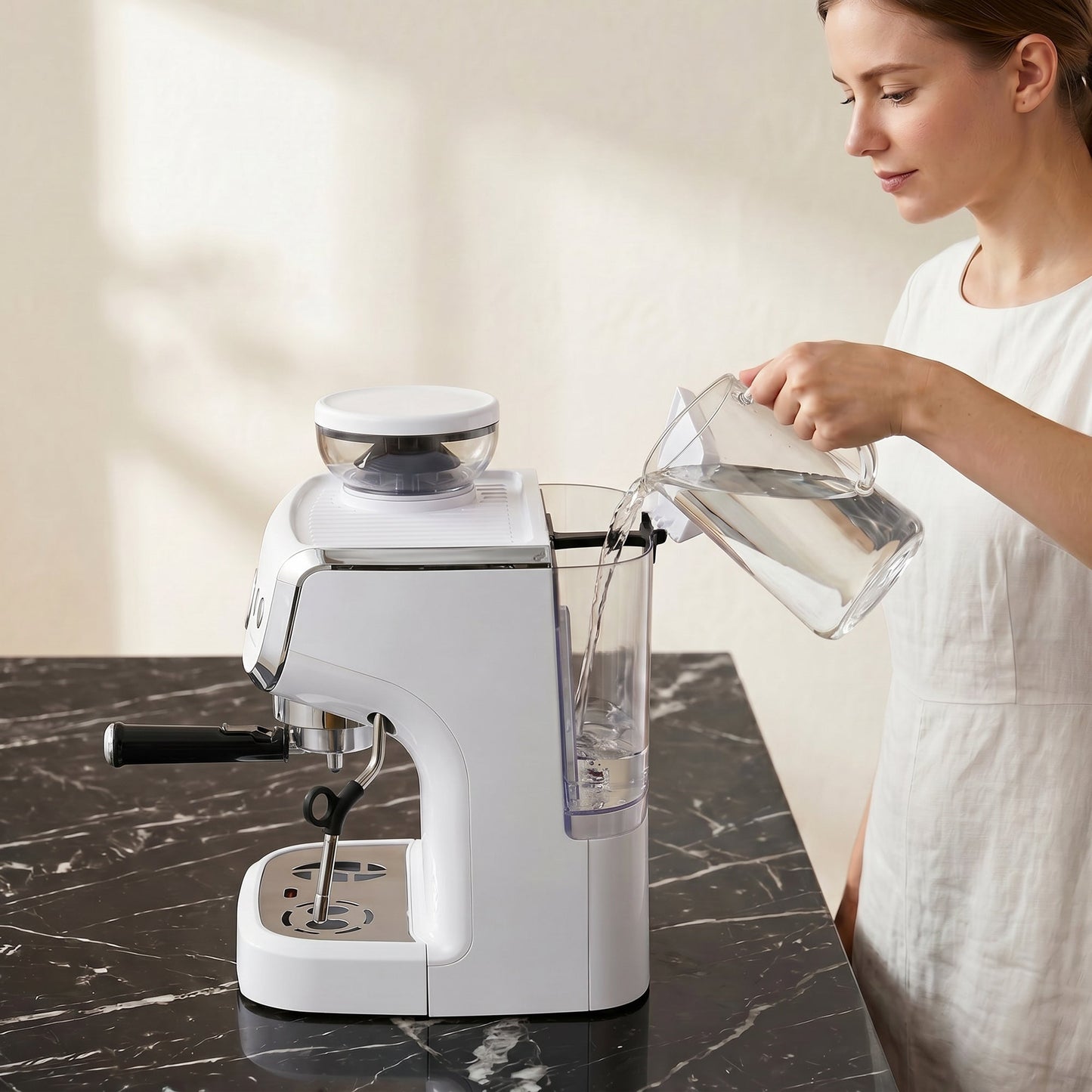 Espresso Machine with Integrated Bean Grinder & Steam Wand, Bean to Cup Coffee Machine with 15 Bar Italian Pump, 2L Water Tank, Cappuccino Maker, Stainless Steel, White
