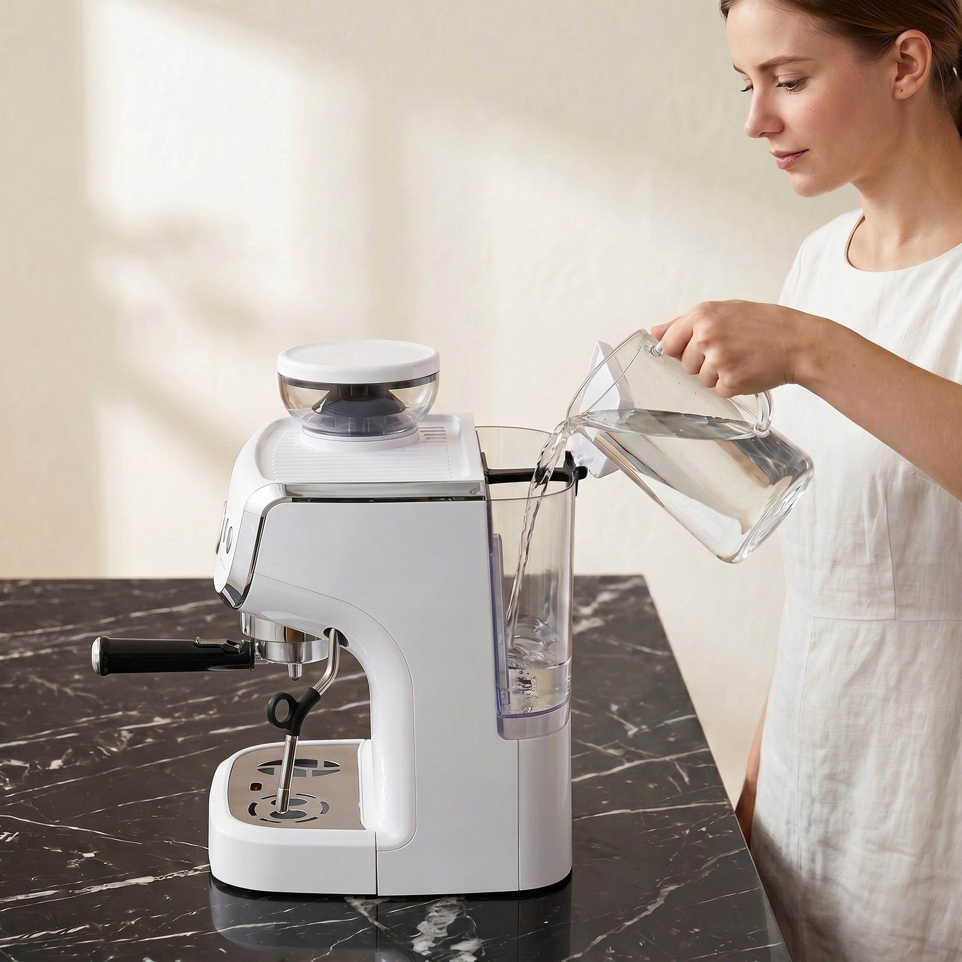 Espresso Machine with Integrated Bean Grinder & Steam Wand, Bean to Cup Coffee Machine with 15 Bar Italian Pump, 2L Water Tank, Cappuccino Maker, Stainless Steel, White