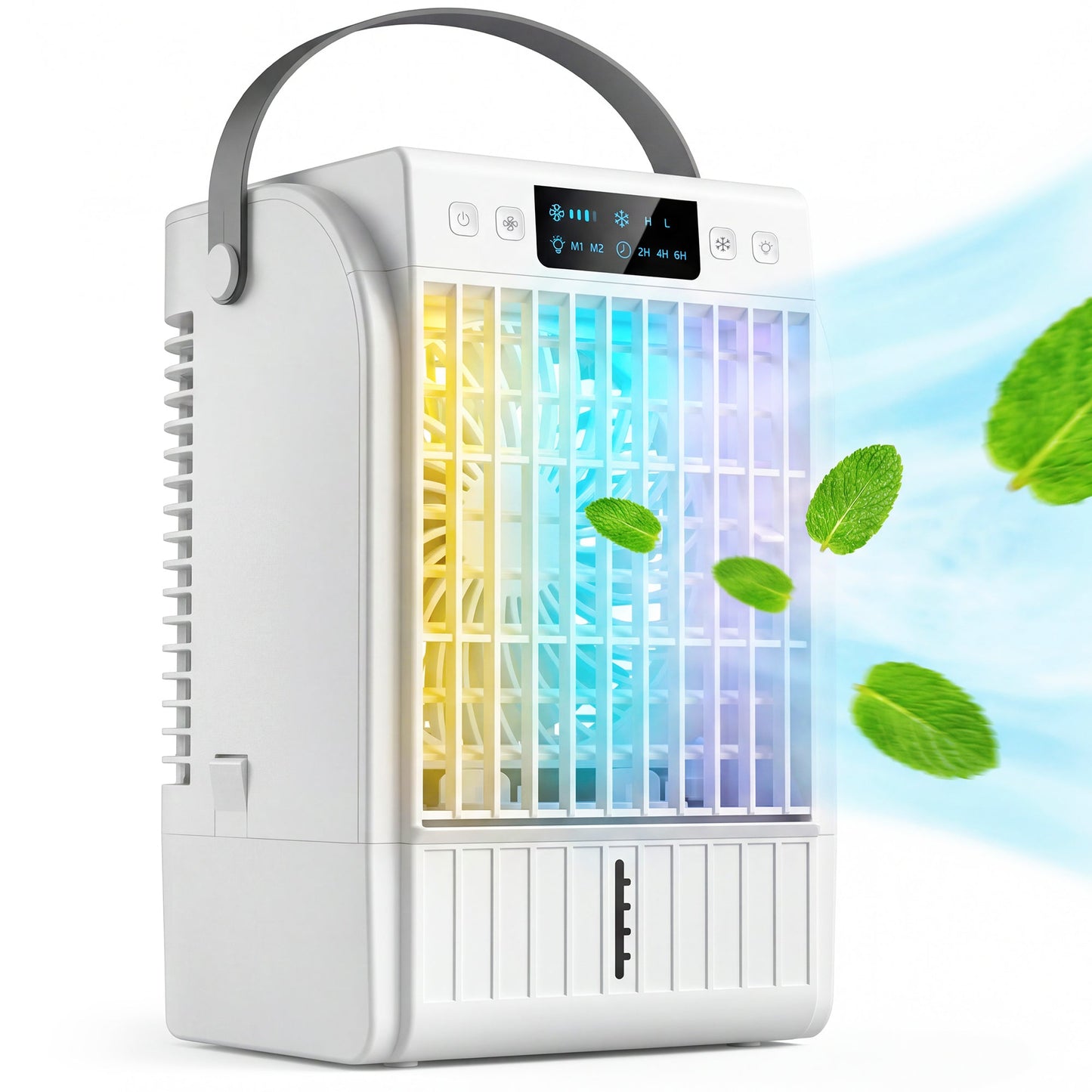 Portable Air Conditioner, 4-in-1 Mini Air Cooler with 4 Wind Speed, 2 Mist Mode, RGB 7 LED Light, 1500ml Water Tank, 2-6H Timer, Small Cooling Fan for Home, Office, Bedroom, White
