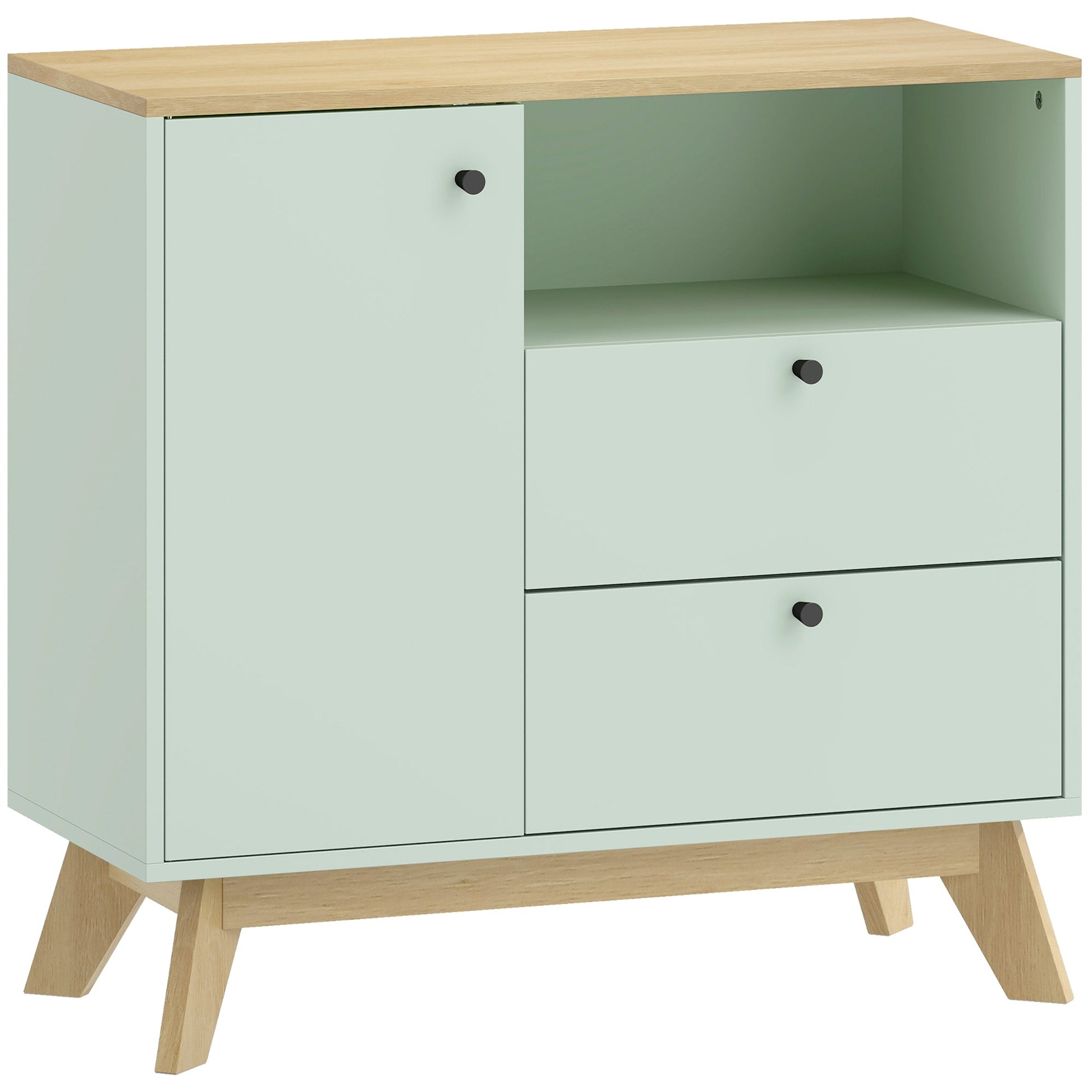 Sideboard Storage Cabinet, 80 cm Modern Buffet Cabinet with Door, 2 Drawers, Open Compartment and Adjustable Shelf for Living Room, Dining Room, Kitchen, Light Green and Oak
