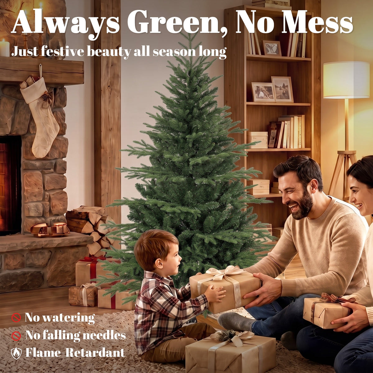 5ft Artificial Christmas Tree, Full Hinged Xmas Tree with 1524 PE & PVC Tips, Solid Pine Wood Stand for Home Office Holiday Decoration, Green
