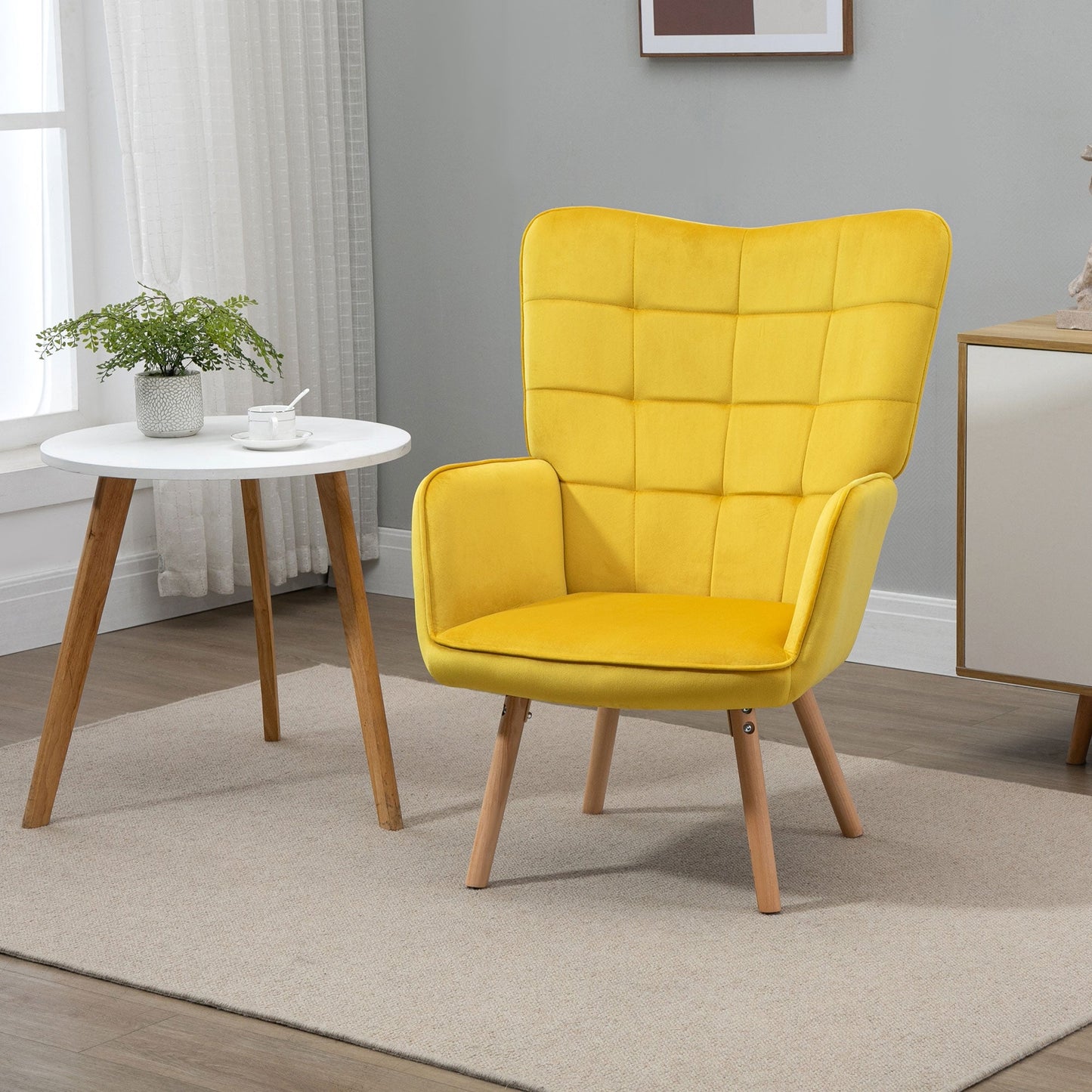 HOMCOM Modern Accent Chair, Upholstered Tufted Wingback Armchair with Seat Padding, Leisure Lounge Bedroom Chair with Wood Legs, Yellow