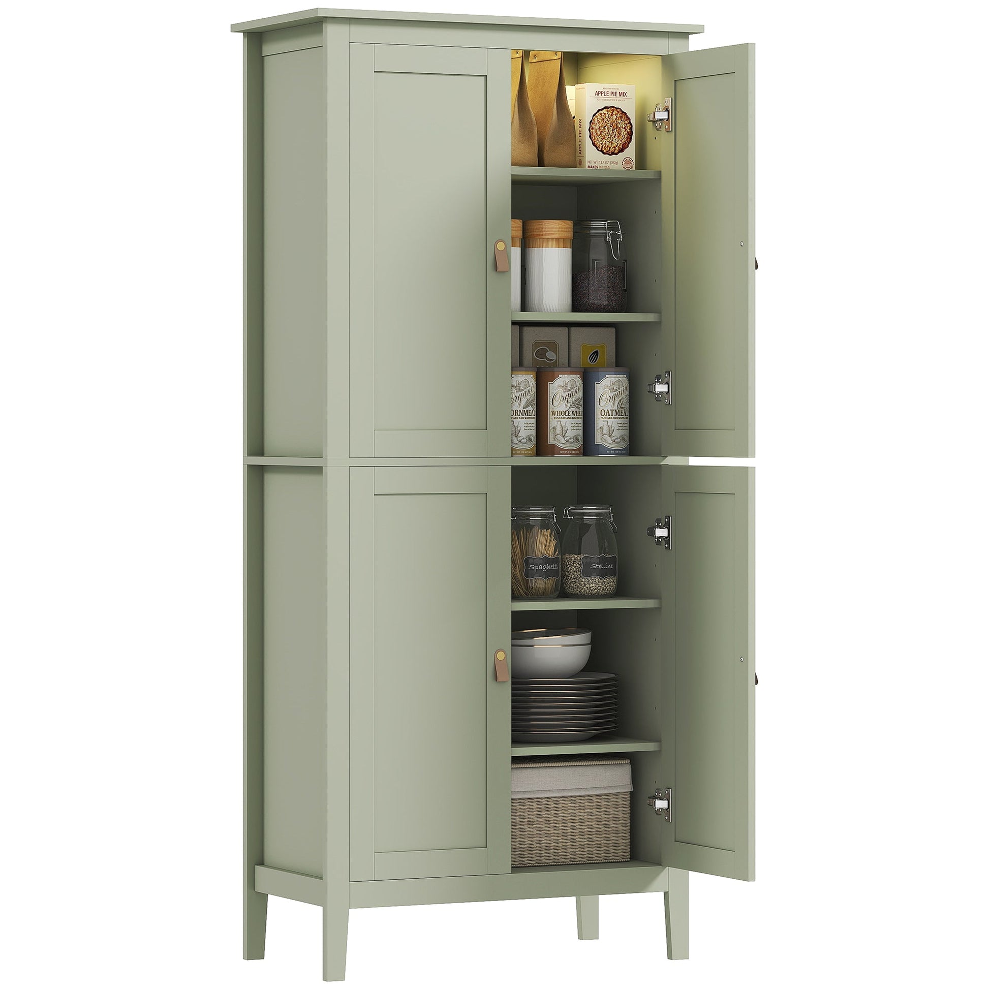 Tall Kitchen Cupboard with Motion Sensor LED Light, 3-Colour Dimmable Lighting, 177 cm Freestanding Storage Cabinet with Doors and Adjustable Shelves, Green