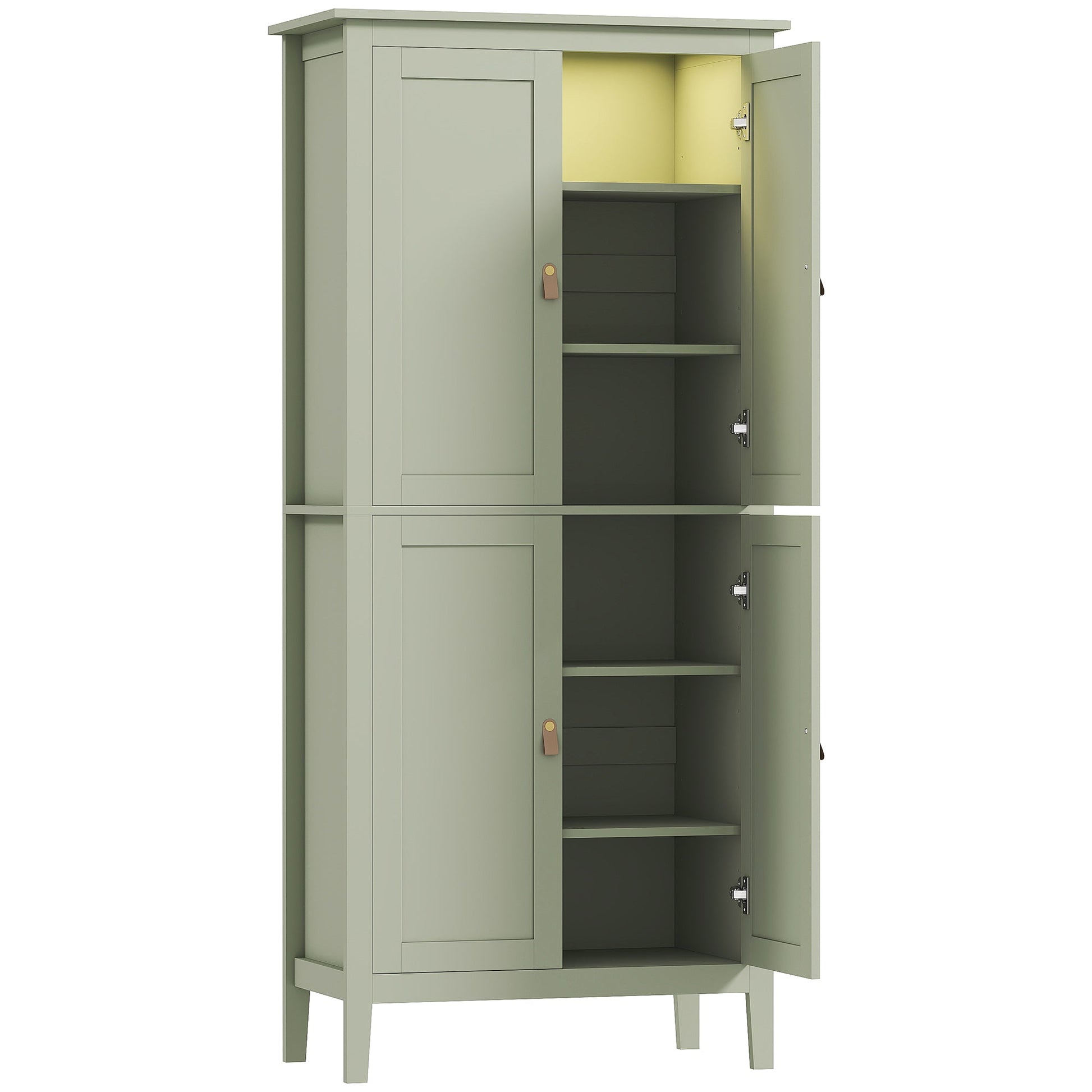 Tall Kitchen Cupboard with Motion Sensor LED Light, 3-Colour Dimmable Lighting, 177 cm Freestanding Storage Cabinet with Doors and Adjustable Shelves, Green
