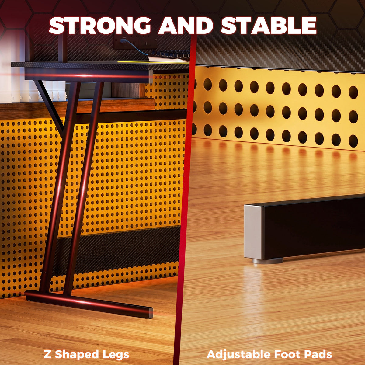Gaming Desk with LED Lights and Power Outlets, 100 x 60cm Z Shaped Computer Desk with Monitor Stand and Steel Frame, PC Gaming Table for Home Office, Black
