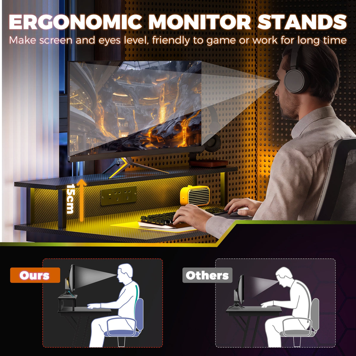 Gaming Desk with LED Lights and Power Outlets, 100 x 60cm Z Shaped Computer Desk with Monitor Stand and Steel Frame, PC Gaming Table for Home Office, Black