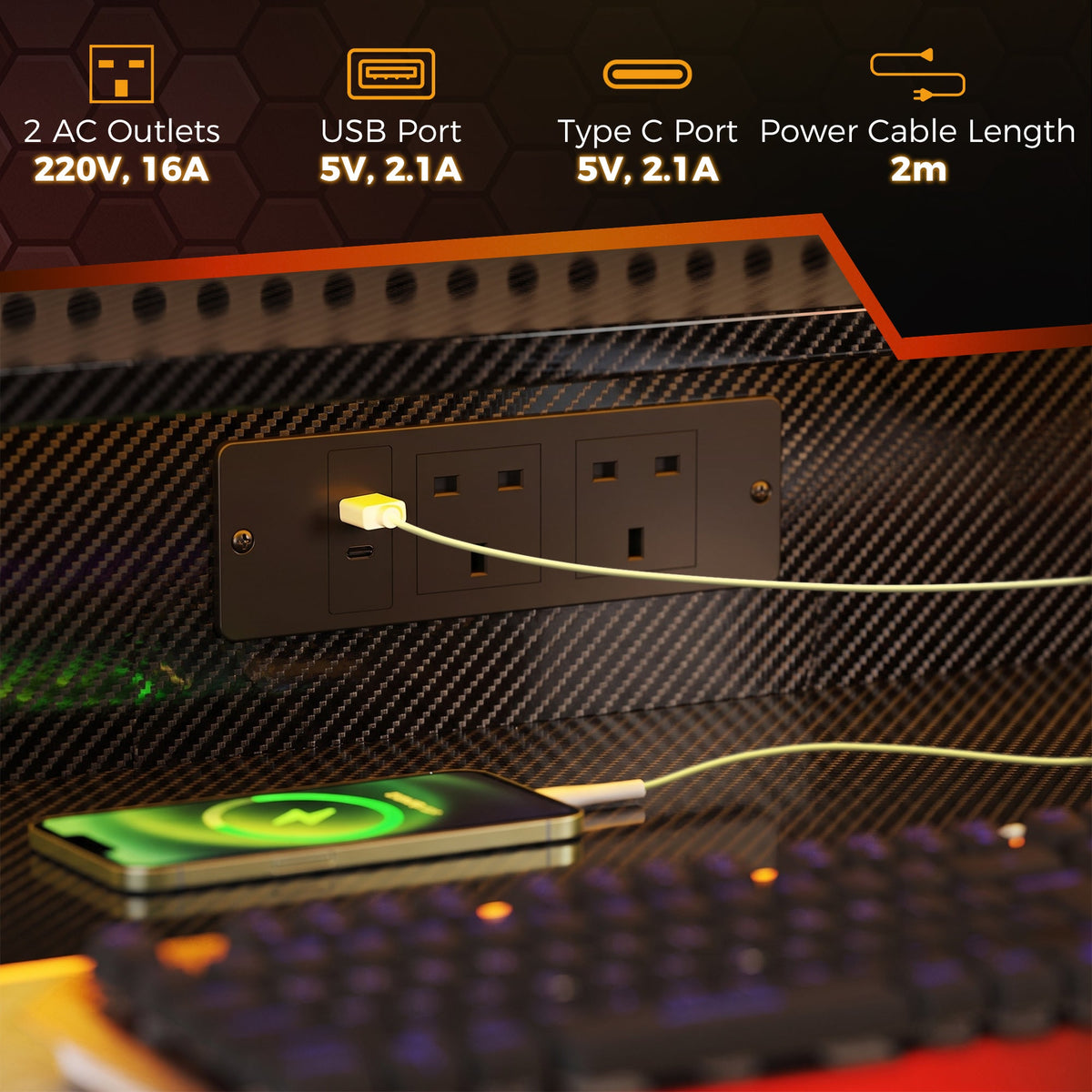 Gaming Desk with LED Lights and Power Outlets, 100 x 60cm Z Shaped Computer Desk with Monitor Stand and Steel Frame, PC Gaming Table for Home Office, Black