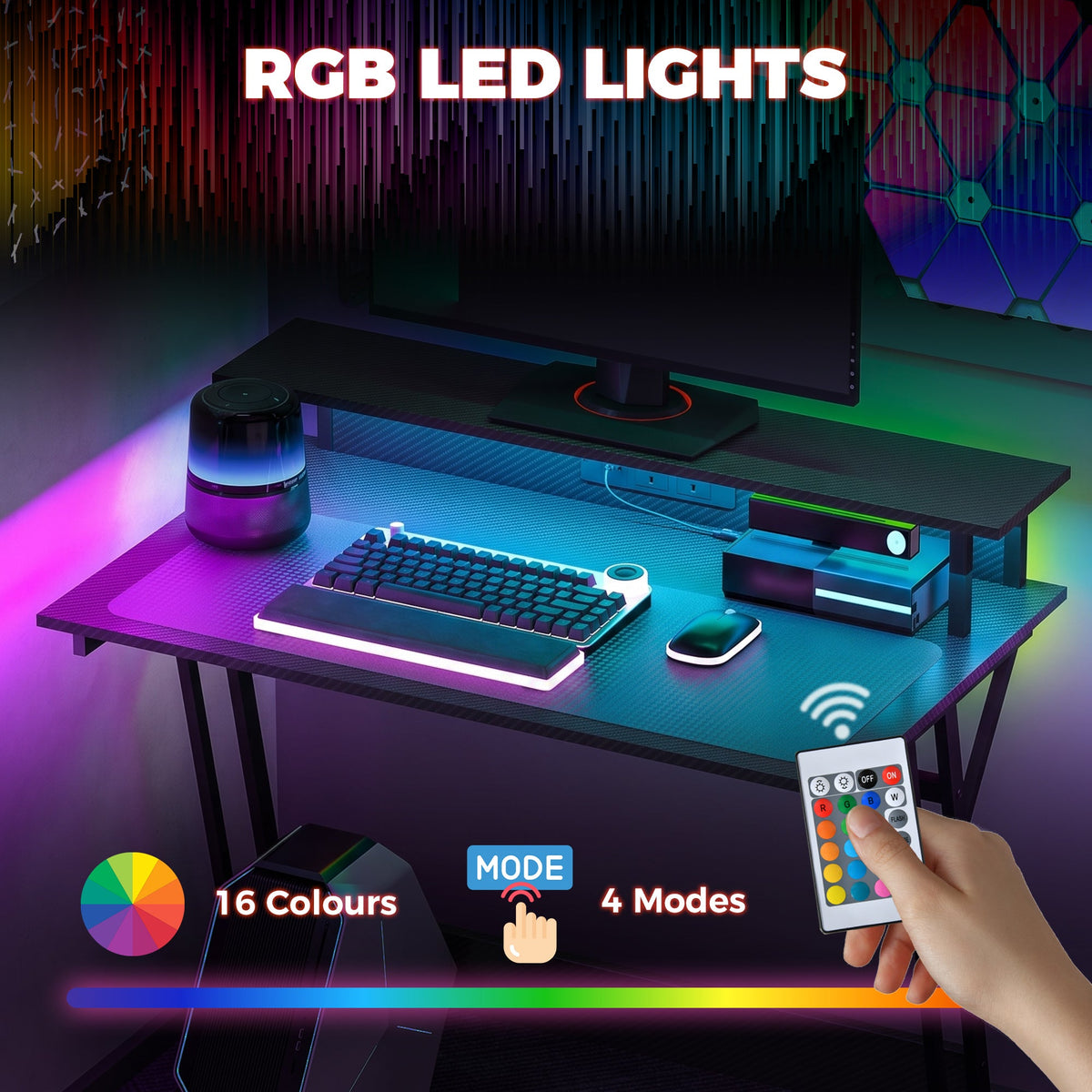 Gaming Desk with LED Lights and Power Outlets, 100 x 60cm Z Shaped Computer Desk with Monitor Stand and Steel Frame, PC Gaming Table for Home Office, Black