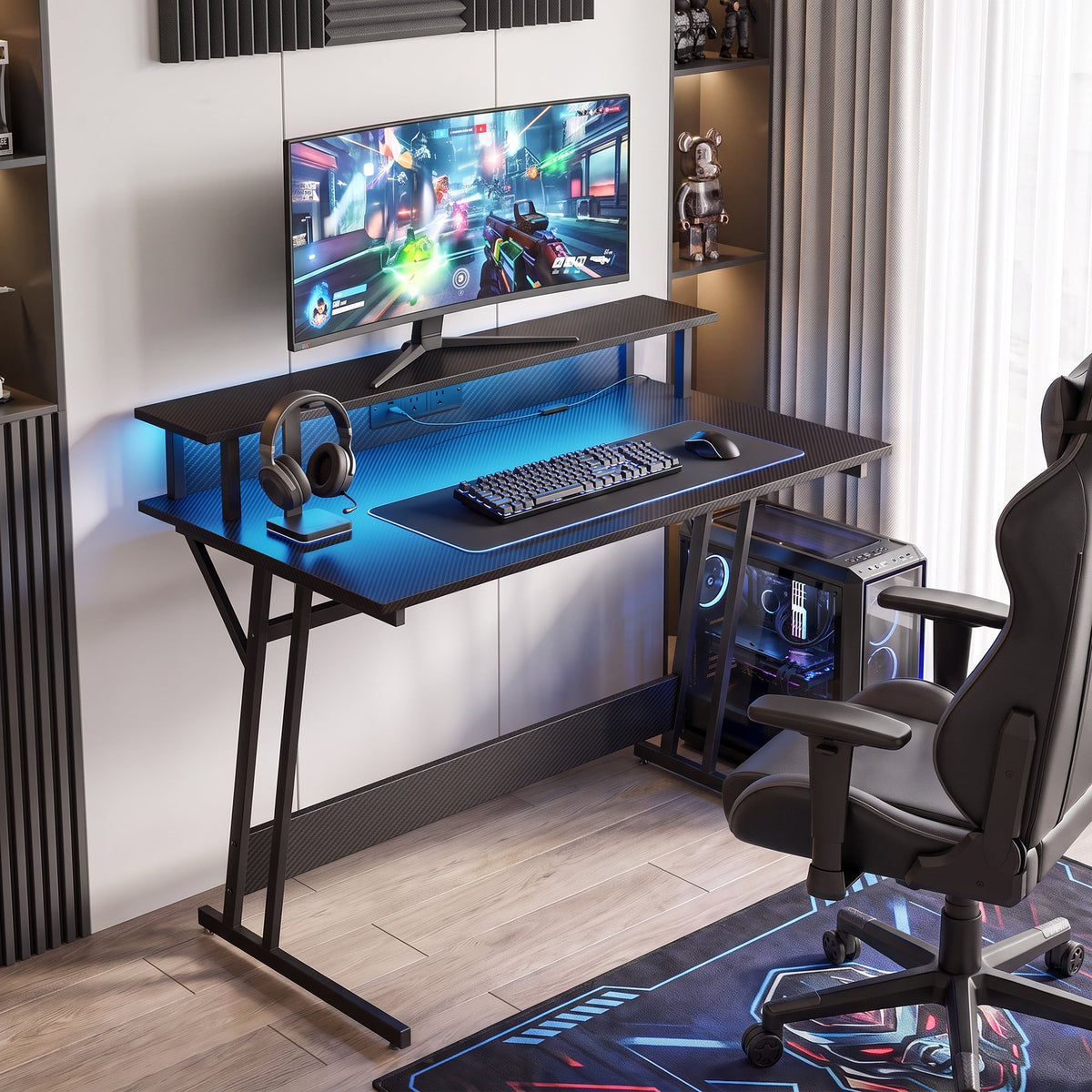 Gaming Desk with LED Lights and Power Outlets, 100 x 60cm Z Shaped Computer Desk with Monitor Stand and Steel Frame, PC Gaming Table for Home Office, Black